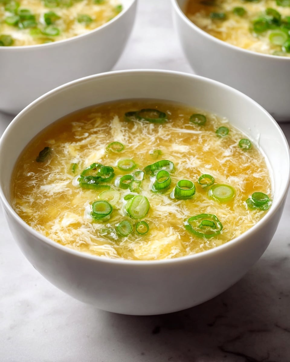 A white bowl filled with warm, clear yellow broth that has soft, white egg ribbons floating in it. The soup surface is dotted with bright green chopped scallions, adding a fresh color contrast. The bowl rests on a white marbled texture surface, and two more bowls with the same soup are blurred in the background. The clear broth shows tiny oily bubbles on top, giving a light shine. The overall look is simple, fresh, and comforting. photo taken with an iphone --ar 4:5 --v 7