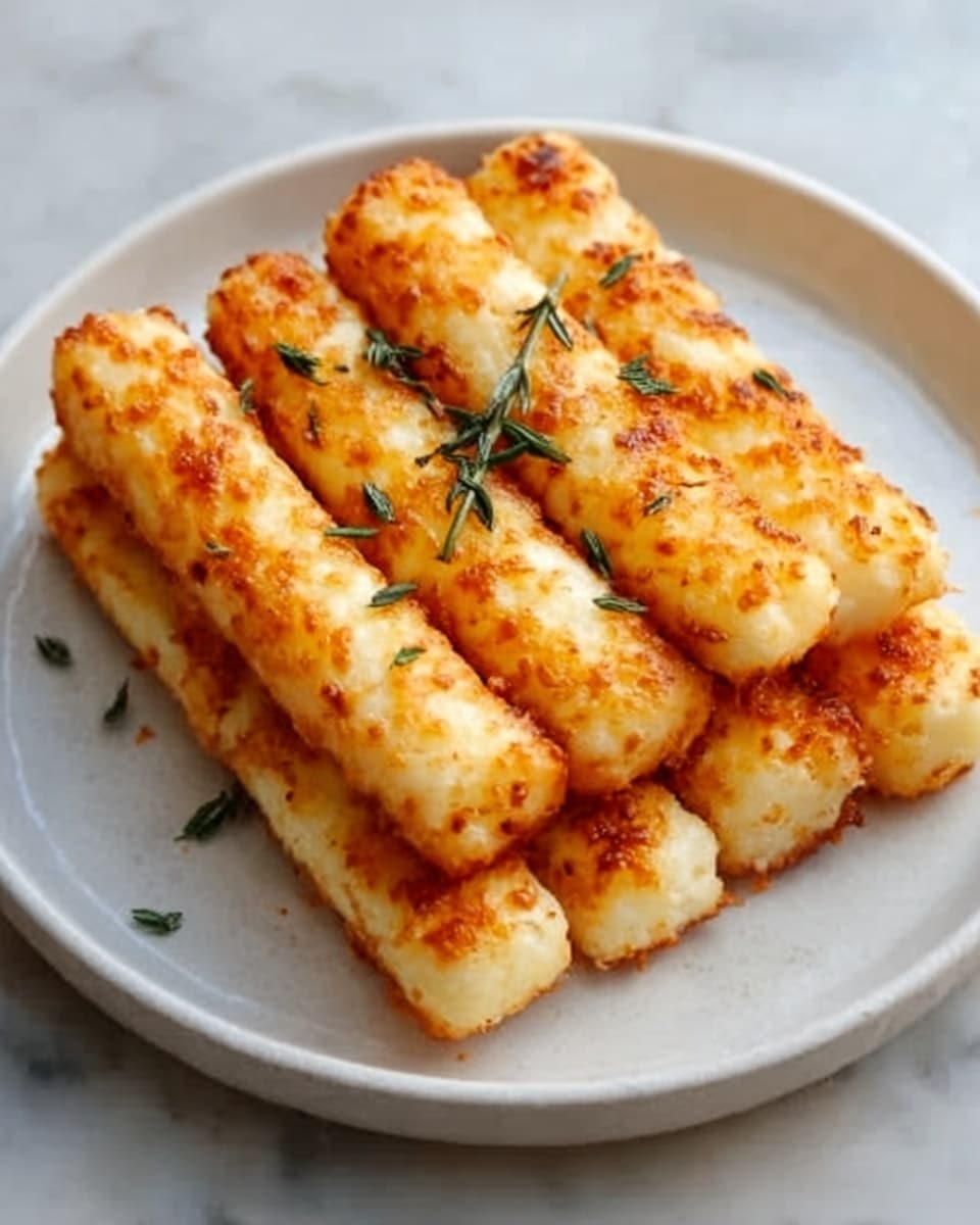 The image shows a white plate on a white marbled surface holding five golden brown cheese sticks arranged in a neat row. Each cheese stick has a crispy, slightly bubbly outer layer with patches of melted cheese, showing a mix of light orange and golden colors. Small green sprigs of herbs are placed on top of the cheese sticks, adding a touch of color contrast. The background is softly blurred, focusing attention on the textured, crunchy cheese sticks. Photo taken with an iphone --ar 4:5 --v 7