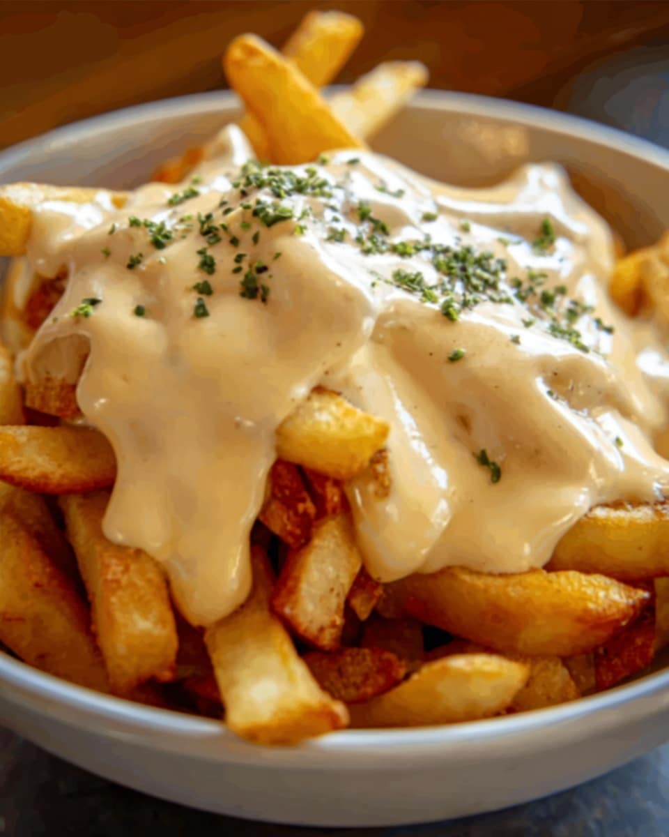 A close-up image of a dish with a base layer of golden-brown fries visible at the bottom of a white plate, topped with a thick, creamy, light orange cheese sauce that covers most of the fries. The sauce has a smooth texture with small bits mixed in, and the whole dish is sprinkled with finely chopped green herbs and black pepper, giving it a fresh contrast. The white marbled background adds a clean, bright look to the image. Photo taken with an iphone --ar 4:5 --v 7