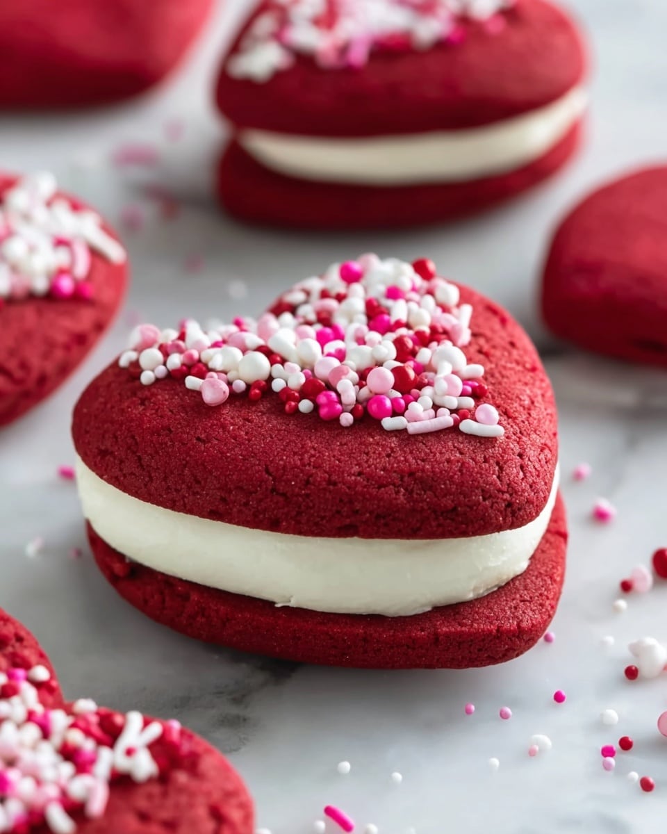 The image shows a close-up of two heart-shaped red velvet sandwich cookies with a thick, smooth white cream layer in the middle. The top red cookie is decorated with small round and heart-shaped sprinkles in white, pink, and red colors, with a slightly rough texture on the cookie surface. The cookies rest on a white marbled surface, and a few sprinkles are scattered nearby. In the background, there are more blurred red velvet cookies, adding depth to the image. Photo taken with an iphone --ar 4:5 --v 7