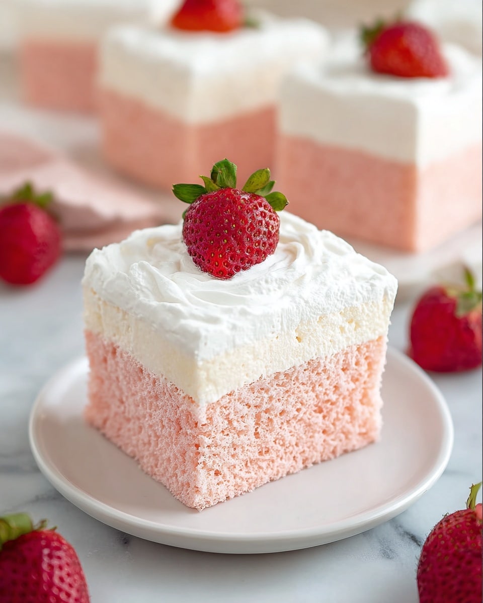 The image shows a square piece of light pink cake with a soft and fluffy texture, topped with a thick layer of white whipped cream. On top of the whipped cream sits a bright red strawberry with green leaves. The cake is placed on a round white plate resting on a white marbled surface. In the background, there are more similar cake pieces and a few scattered strawberries, creating a fresh and clean look. photo taken with an iphone --ar 4:5 --v 7
