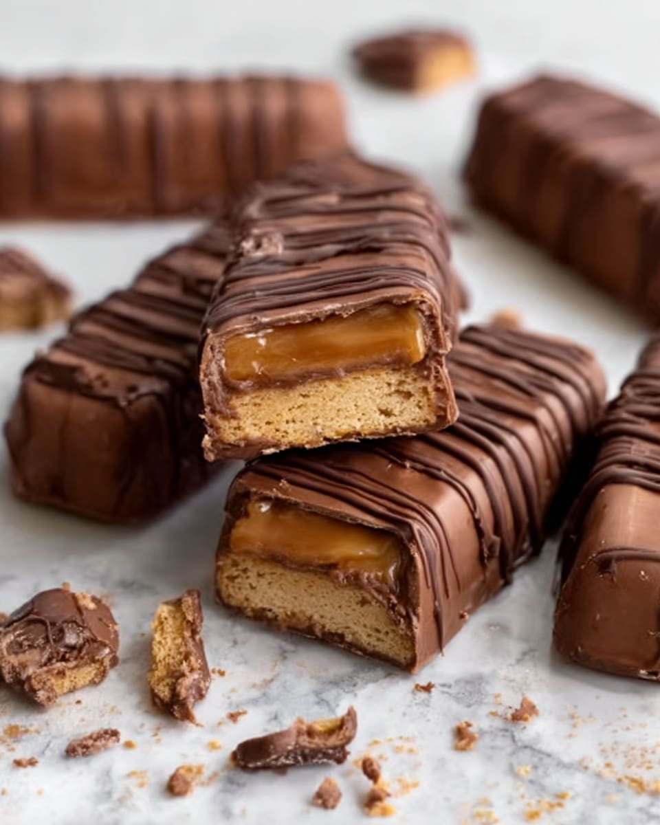 The image shows several chocolate-covered bars placed on a white marbled surface. One bar is cut in half and positioned in the center, revealing three layers inside: a light beige bottom layer with a crunchy texture, a smooth caramel-colored middle layer, and a creamy white top layer. The outside is coated in milk chocolate with wavy lines of chocolate drizzled on top, adding texture. The background is softly blurred with more similar bars in soft focus. Photo taken with an iphone --ar 4:5 --v 7