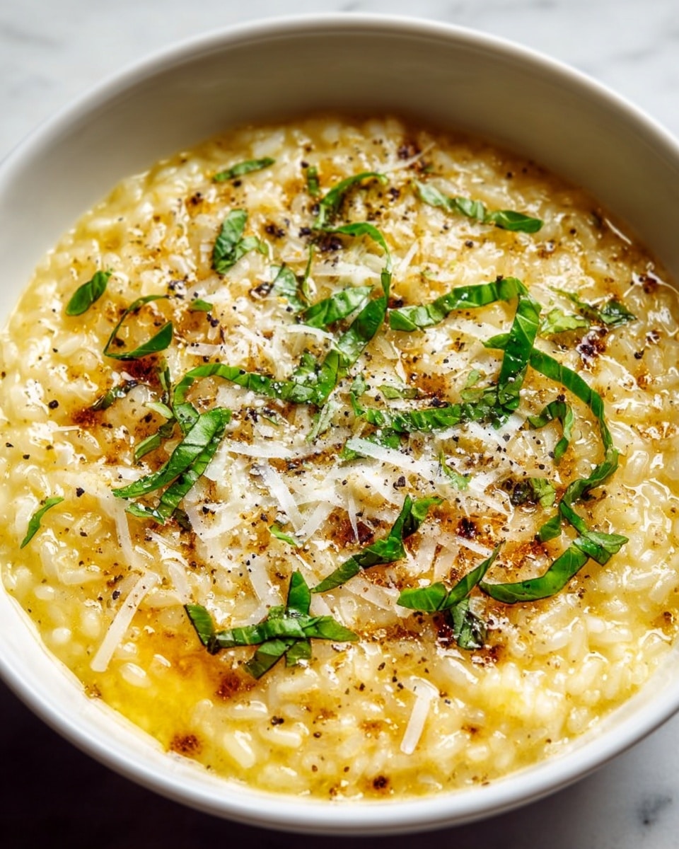 A close-up view of a single white bowl filled with creamy risotto showing a rich, thick texture with a golden-yellow butter sauce. The top layer is sprinkled with finely chopped green herbs and freshly grated white cheese, along with cracks of black pepper and red spices scattered evenly. The surface beneath the bowl is a white marbled texture, adding a clean and bright look. The lighting highlights the glossiness of the butter and the softness of the risotto grains. photo taken with an iphone --ar 4:5 --v 7