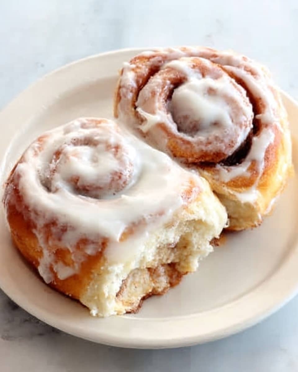 Two cinnamon rolls are placed side by side on a white plate. Each roll shows a thick swirl of golden-brown dough with a light, flaky texture. A glossy layer of white icing covers the top, spreading unevenly to reveal slightly browned edges of the rolls. The icing has a smooth, creamy texture with small peaks and valleys. The plate rests on a white marbled surface. photo taken with an iphone --ar 4:5 --v 7