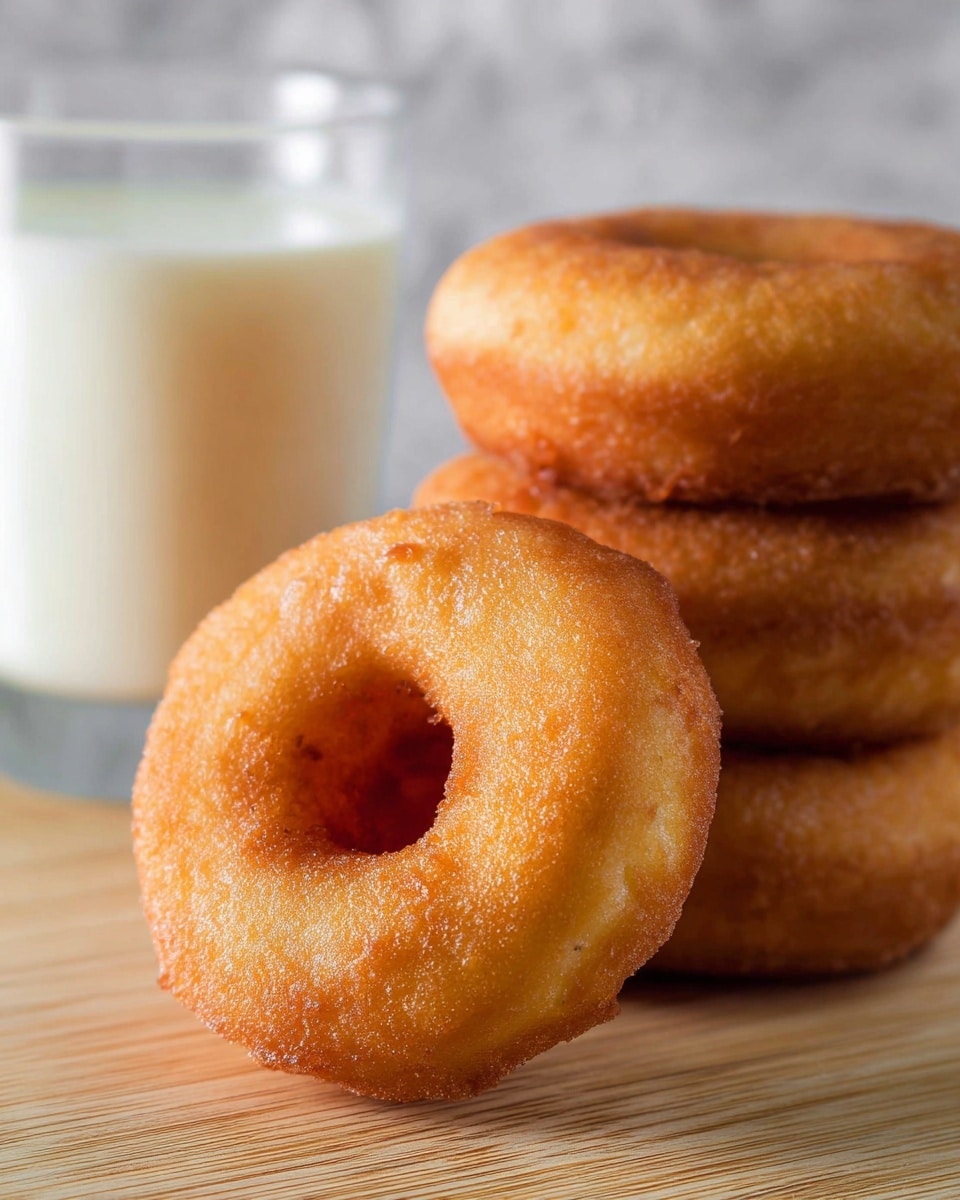 The image shows three golden brown donuts with a slightly rough texture, stacked closely on a wooden surface with a white marbled texture in the background. The donut in the front is in sharp focus, showing its crisp outer layer and a small hole in the middle, while the other two donuts are slightly blurred behind it. Behind the donuts, there is a tall glass of milk with a white marbled surface background, adding a clean contrast to the warm colors of the donuts. photo taken with an iphone --ar 4:5 --v 7