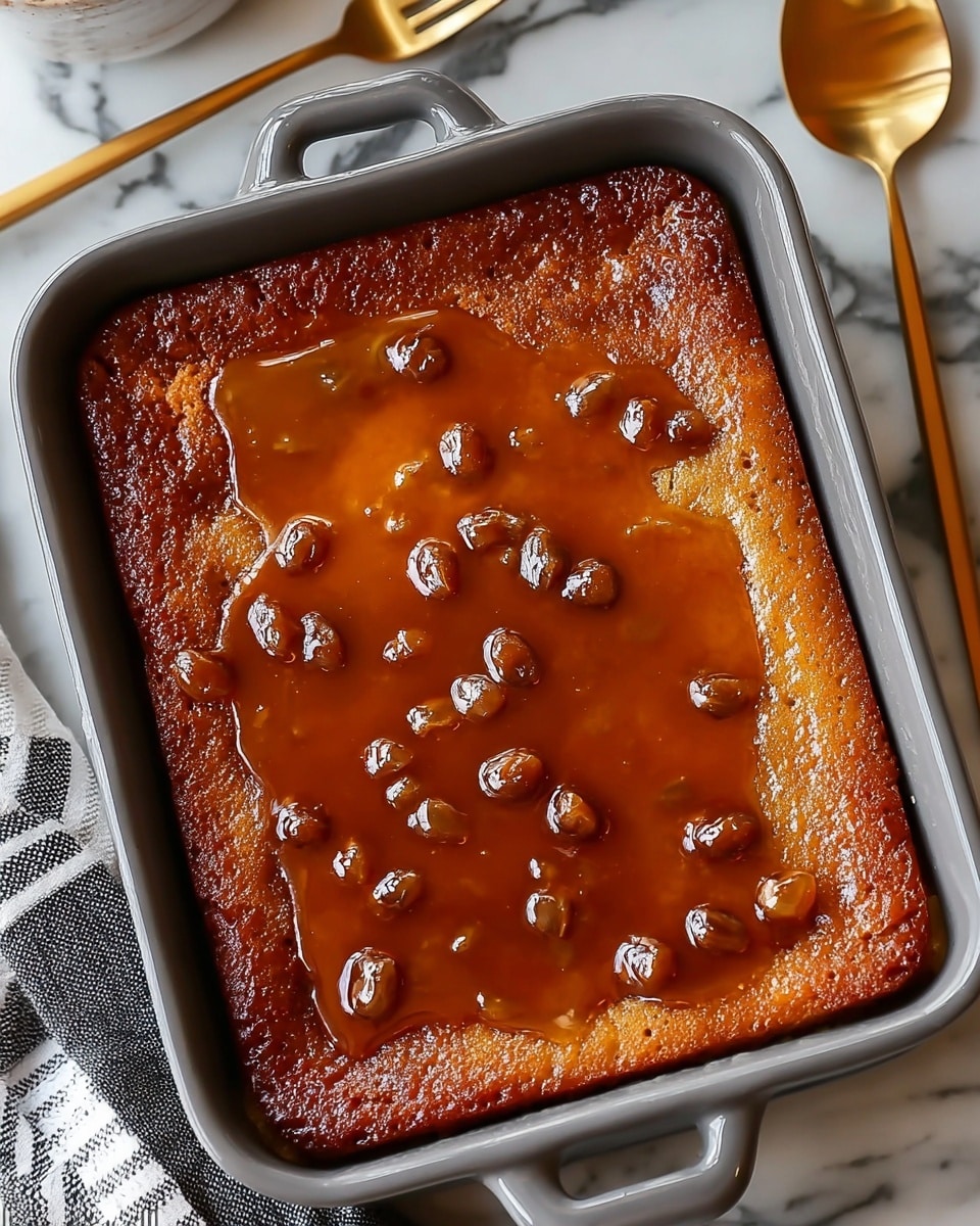 A single-layer sticky pudding cake in a square gray metal baking dish with a browned, slightly crisp top layer covered with a thick, shiny caramel sauce that has whole nuts sprinkled throughout; the cake texture appears moist and dense with a golden-brown color. The edge of the baking dish shows the cake's darker browned crust. Nearby, a silver fork rests on a white marbled surface next to a striped cloth and a white cup with brown liquid inside. Photo taken with an iphone --ar 4:5 --v 7