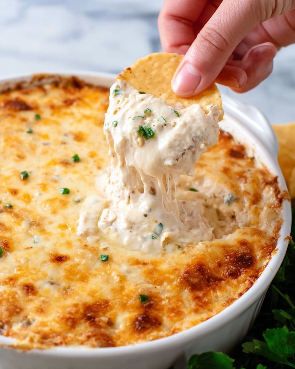 A white bowl filled with a creamy, cheesy dip that has a slightly browned and bubbly golden top layer, dotted with small green herbs. Below the surface, the dip is thick, white with specks of darker bits, and has a smooth texture that stretches with melted cheese as a woman’s hand lifts a chip covered in the dip. The background features a white marbled texture with some green parsley visible at the edge. Photo taken with an iphone --ar 4:5 --v 7