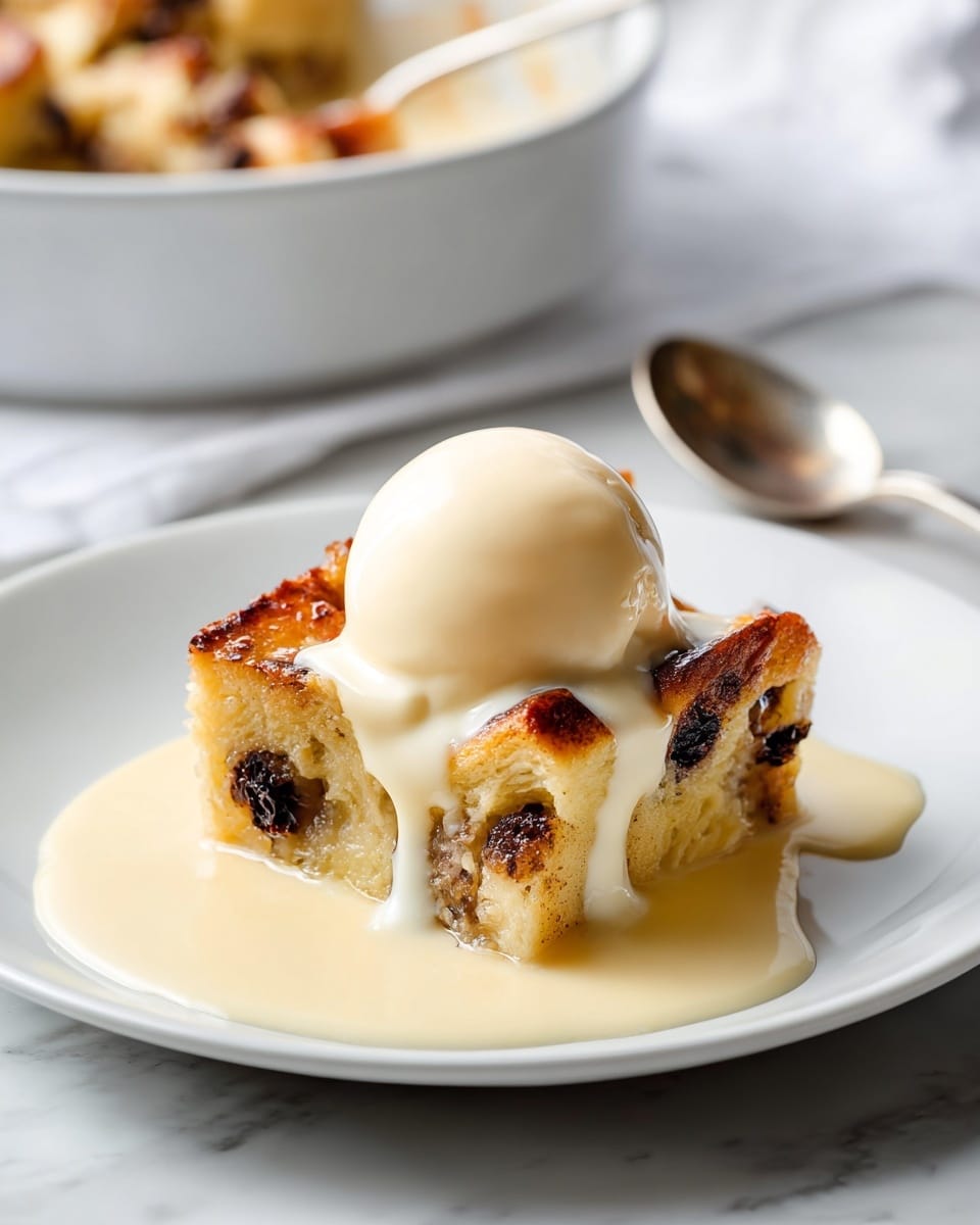 A white plate holds a dessert with a base layer of golden-brown bread pudding that has a soft texture and some dark spots from cinnamon or raisins. On top of the bread pudding, there is a smooth scoop of pale cream-colored ice cream slightly melting. Light beige sauce is poured over the ice cream and drips down the sides of the bread pudding, pooling around it on the plate. The background shows a white marbled texture and a blurred second plate of the same dessert. photo taken with an iphone --ar 4:5 --v 7