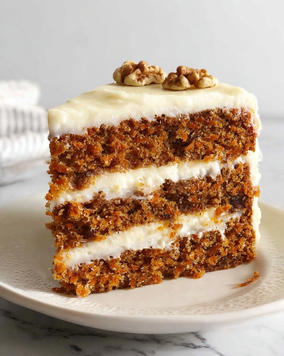 A slice of three-layer carrot cake with a light brown, moist, and crumbly texture is placed on a white plate. Each cake layer is separated by a smooth, creamy off-white frosting. The top layer of frosting is thicker and creamy, with two walnut halves as decoration on one side. The cake sits on a white marbled surface with a white lace cloth underneath. photo taken with an iphone --ar 4:5 --v 7