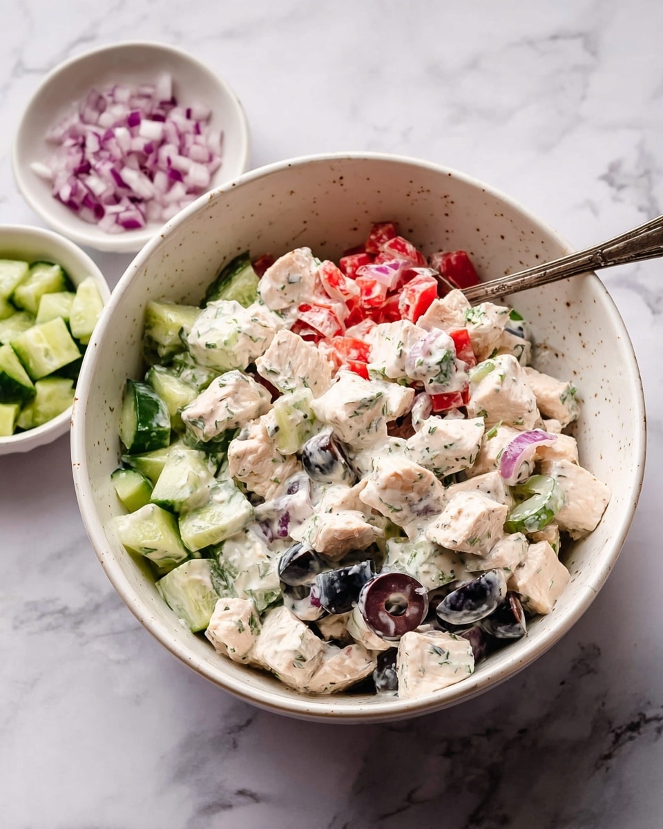 A close-up view of a salad in a white bowl with thick sides shows several layers of ingredients mixed together. The salad has a creamy white base dressing which coats chunks of pale pink chicken pieces. Mixed through are bright green cucumber cubes, black olive slices, chopped red bell peppers, and small bits of light purple onion. The textures vary from soft chicken and creamy dressing to crunchy cucumber and crisp peppers. A silver spoon sticks out of the bowl. Next to the bowl on the white marbled surface are two smaller white bowls, one with diced cucumber and the other with chopped red onion. photo taken with an iphone --ar 4:5 --v 7