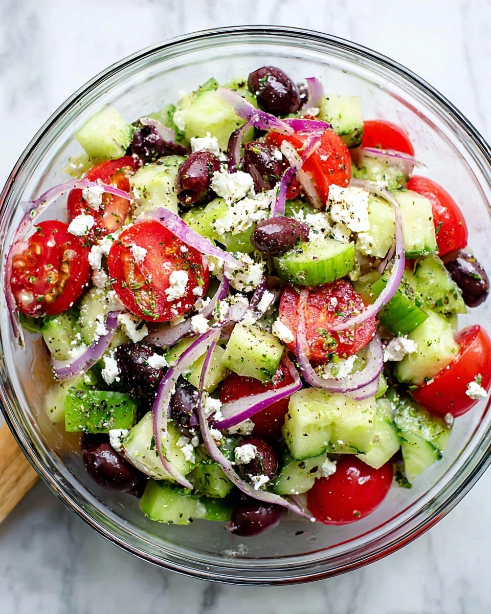 A clear glass bowl filled with a colorful Greek salad showing three main layers: the bottom layer is chopped light green cucumbers with a slightly shiny texture, the middle layer has bright red cherry tomato halves and thin slices of purple-red onion, and the top layer features scattered pieces of soft white feta cheese and dark purple Kalamata olives, all mixed with chopped green herbs and a light dressing that gives a slight glossy look. The bowl sits on a white marbled surface. photo taken with an iphone --ar 4:5 --v 7