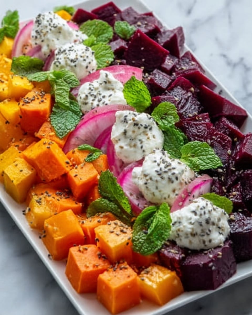 The image shows a white rectangular plate filled with a colorful, fresh salad. The bottom layer consists of bright orange cubes of sweet potato on the left and deep red beetroot cubes on the right. In the middle, there are fresh green lettuce leaves and slices of creamy light green avocado arranged in a row. Small purple pickled onions are scattered on top along with white dollops of creamy yogurt or sour cream. Tiny black seeds, possibly black sesame, are sprinkled over the whole dish. Fresh green mint leaves add a final touch of color and freshness. The background is a white marbled surface. Photo taken with an iphone --ar 4:5 --v 7