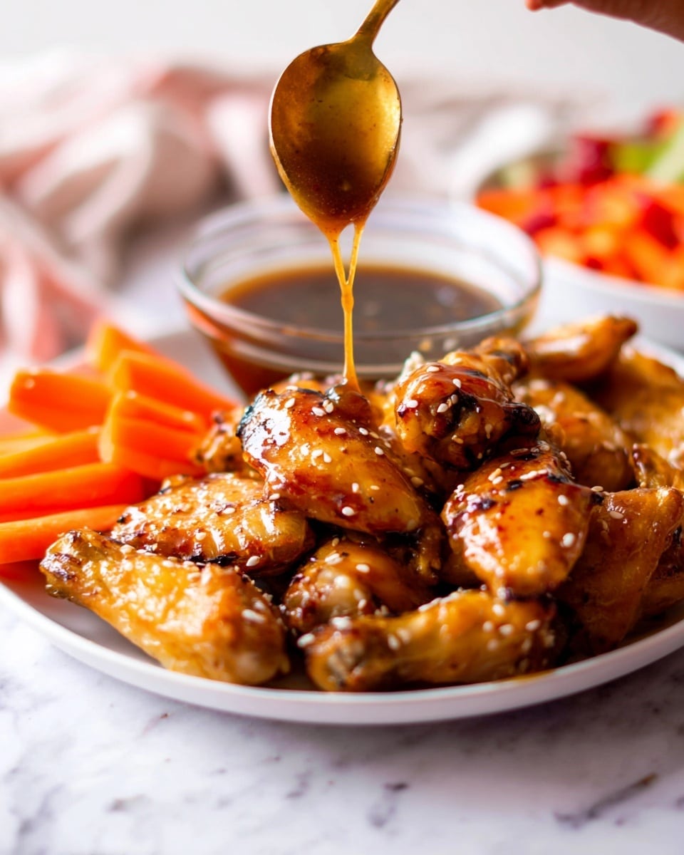 A white plate filled with golden-brown chicken wings arranged in a loose pile with orange carrot sticks on the side. A shiny, thick brown sauce is being poured from a golden ladle above the wings, dripping smoothly onto the top wing, giving it a glossy, sticky look. There's a glass bowl of the same dark, shiny sauce in the background, slightly blurred, with a white marbled surface underneath. The image is close-up, showing the texture of the sauce and the crispy skin of the wings clearly. photo taken with an iphone --ar 4:5 --v 7