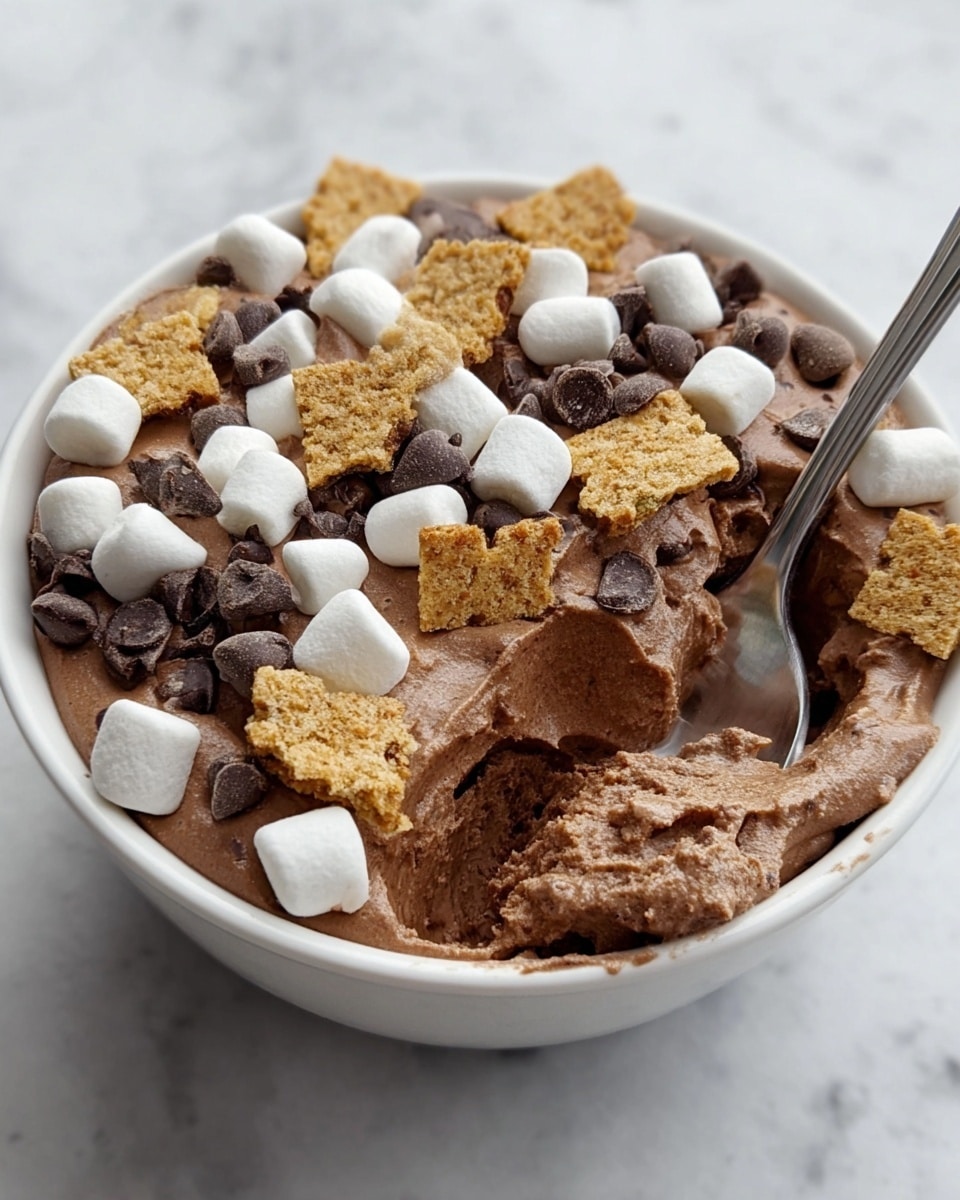 A square white bowl filled with thick, smooth chocolate mousse as the base layer, topped with scattered small white marshmallows, dark brown chocolate chips, and broken light brown graham cracker pieces. A silver spoon is partially dipped into the mousse on the right side, resting against the bowl’s edge. The bowl is placed on a white marbled surface with soft lighting enhancing the textures and colors of the dessert. photo taken with an iphone --ar 4:5 --v 7