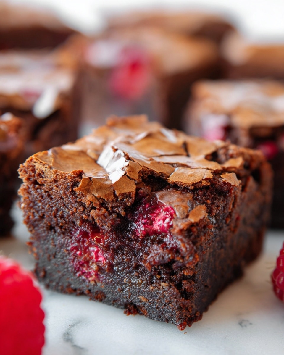 The image shows a close-up of one thick brownie square with a cracked, shiny top layer in a light brown color. The bottom and middle layers are dense and moist dark chocolate with visible bits of red raspberry mixed inside. Around the main brownie, other similar brownie squares are partially visible with the same texture and color. A bright red raspberry is placed in the bottom right corner on a white marbled surface with a few crumbs scattered nearby. The overall look is rich and gooey, highlighting the contrast between the crispy top and soft inside. photo taken with an iphone --ar 4:5 --v 7