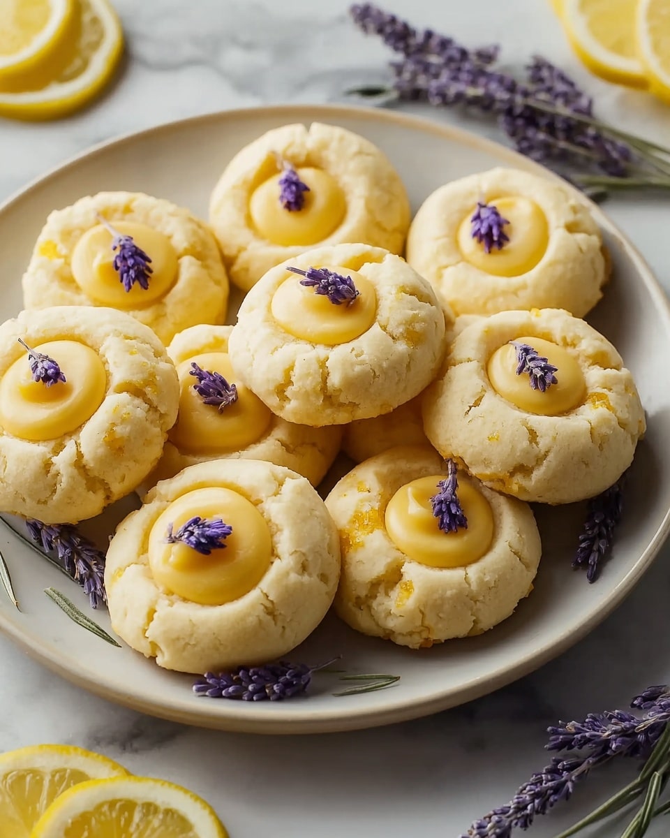 A white plate holds a stack of round thumbprint cookies with a soft, pale yellow dough that has small orange specks throughout. Each cookie has a smooth, glossy dollop of light yellow filling in the center, topped with a small sprig of purple lavender flower. The cookies have a slightly cracked, crumbly texture around the edges. The plate is placed on a white marbled surface, with a few sprigs of lavender and thin lemon slices arranged beside it under warm natural light. photo taken with an iphone --ar 4:5 --v 7