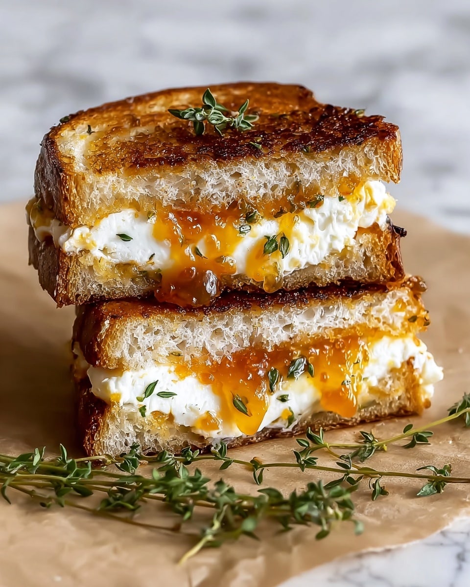 A close-up of a toasted sandwich cut diagonally in half and stacked, showing two layers of light golden brown toasted bread with a slightly crispy texture. Between the bread layers, there is a thick spread of white soft cheese and a glossy, amber-colored jam with small fresh green herb leaves scattered throughout. The sandwich sits on a white marbled surface with a few sprigs of the same green herbs placed nearby. Photo taken with an iphone --ar 4:5 --v 7