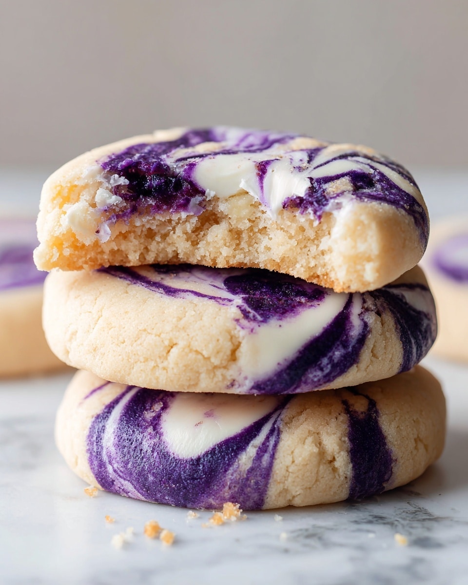 The image shows a close-up stack of soft cookies with a creamy white dough base and dark purple swirls mixed throughout each cookie surface. The top cookie has a bite taken out, revealing a thick and slightly chewy inside with the purple swirl pattern continuing inside. The cookie texture appears slightly crinkled and soft with the purple swirls creating a marbled effect on top. The cookies rest directly on a white marbled surface with more cookies blurred in the background, focusing on the layered look of the dough and berry pattern. photo taken with an iphone --ar 4:5 --v 7