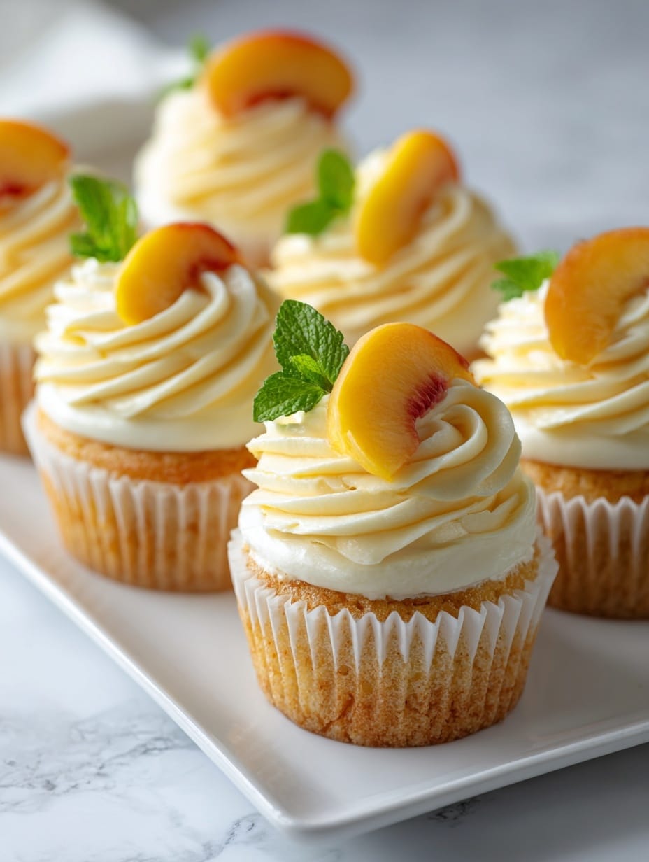 The image shows several peach and honey cheesecake cupcakes arranged on a white rectangular plate on a white marbled surface. Each cupcake has a bottom layer of golden-brown cake, topped with a thick layer of smooth, creamy white cheesecake filling. Above this is a swirl of pale yellow frosting with a soft, fluffy texture. On top of each cupcake sits a thin slice of fresh peach with warm orange and yellow tones, accompanied by a small bright green mint leaf for decoration. The cupcakes are all in white paper liners, and the lighting highlights their soft textures and fresh colors. photo taken with an iphone --ar 4:5 --v 7