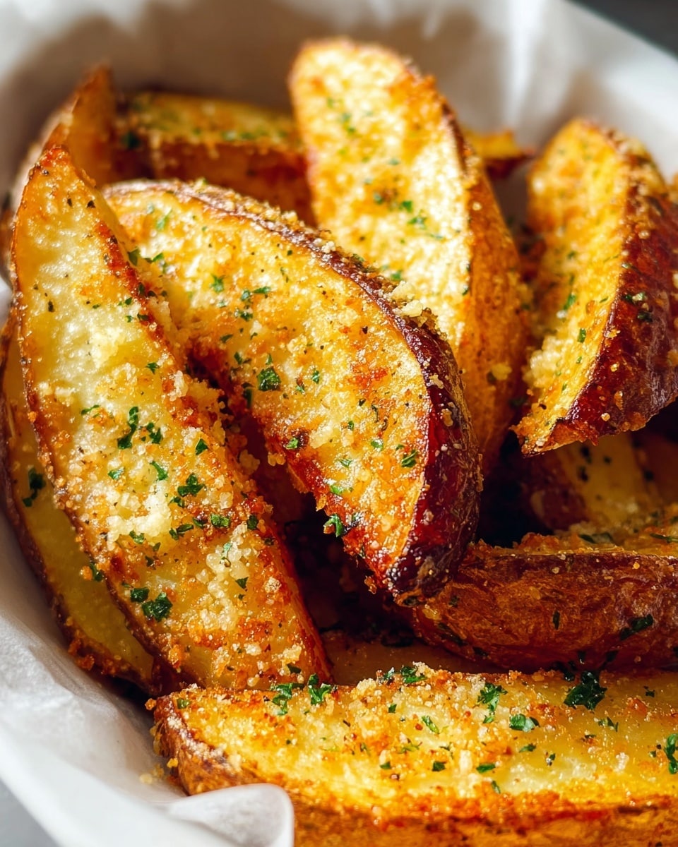 The image shows a close-up view of several golden brown potato wedges arranged inside a white bowl with ridged edges. Each wedge has a crispy, textured outer skin with a touch of darker browning, and a soft yellow interior. The potatoes are sprinkled generously with coarse white crumbs and finely chopped green herbs, adding a contrast of texture and color. The lighting highlights the crunchy surface and the freshness of the herbs, making the wedges look crispy and tasty. The background features a white marbled texture. photo taken with an iphone --ar 4:5 --v 7