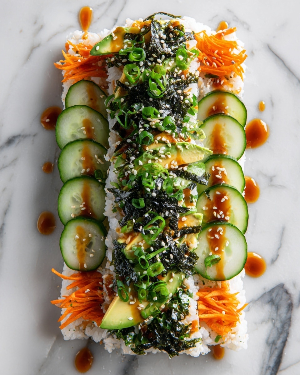 A rectangular white dish with a layered sushi bowl featuring a base of white rice, topped with thinly sliced cucumber on the left side, bright orange shredded carrots spread along the sides, and creamy avocado slices arranged in a line down the center. Over the avocado, there are dark green strips of seaweed scattered on top, with a sprinkle of light green sliced scallions and sesame seeds adding texture. A drizzle of orange spicy mayo zigzags across the dish, enhancing the vibrant colors and textures. The photo is taken with an iphone --ar 4:5 --v 7