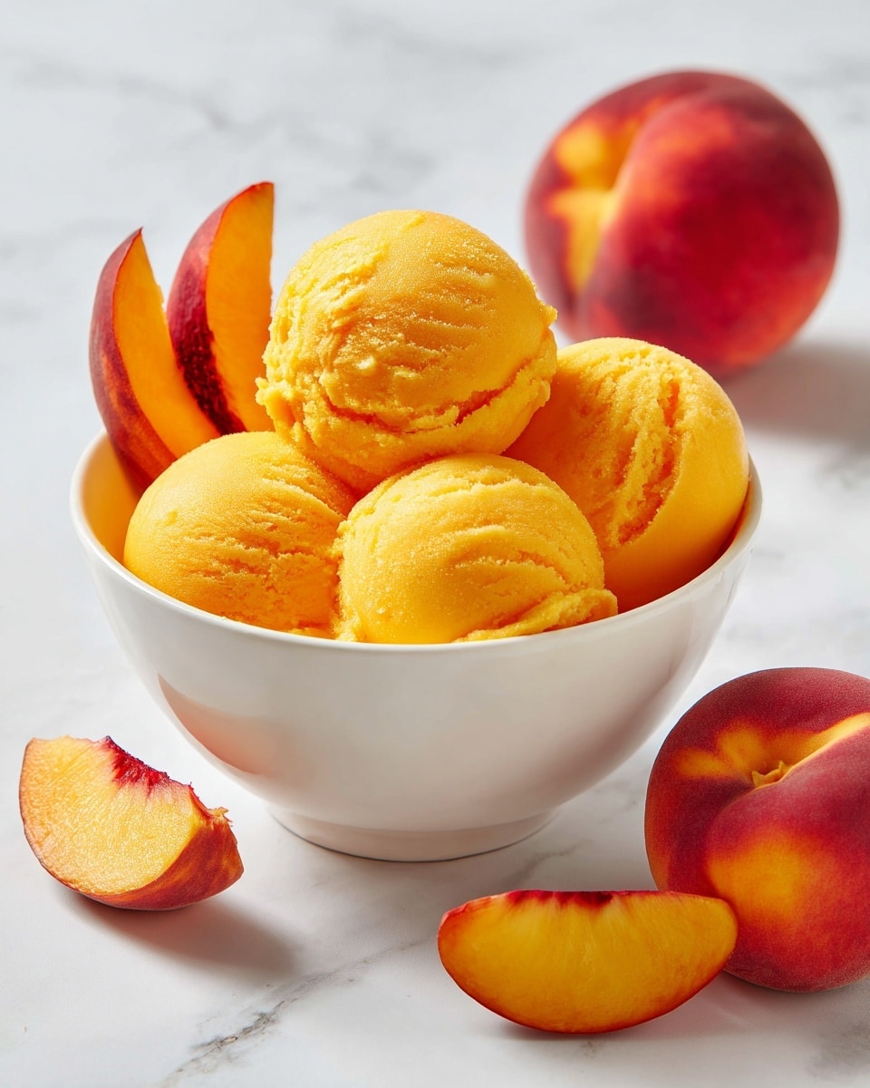 A white bowl filled with five bright orange peach sorbet scoops, each with a smooth, slightly icy texture. On top of the scoops, there are two peach slices showing a mix of red and yellow skin and juicy flesh. Around the bowl, two whole peaches with red and yellow skin rest on a white marbled surface. The image has a fresh and vibrant look, highlighting the sorbet's smooth texture and the peaches' natural colors. photo taken with an iphone --ar 4:5 --v 7