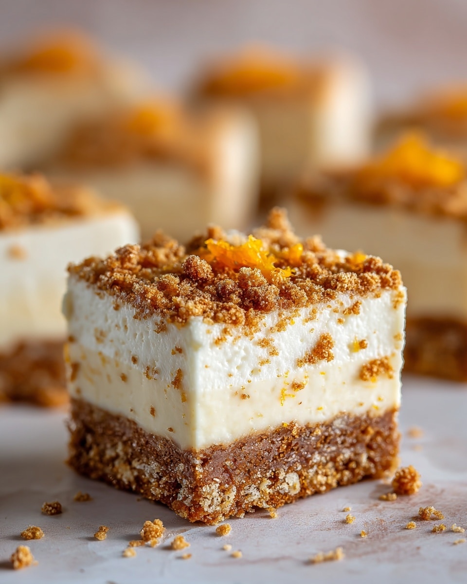 The image shows a close-up view of two stacked square dessert bars with three visible layers. The bottom layer is a textured, coarse brown base with small bits, slightly crumbly and moist. The middle layer is a smooth, creamy white filling that looks soft and thick. The top layer is a mix of small orange carrot pieces embedded in the creamy layer, sprinkled with a fine golden brown crumb topping that adds a slight crunch. The bars have a rich, moist look with a combination of rough and smooth textures. The background surface is a white marbled texture. Photo taken with an iphone --ar 4:5 --v 7