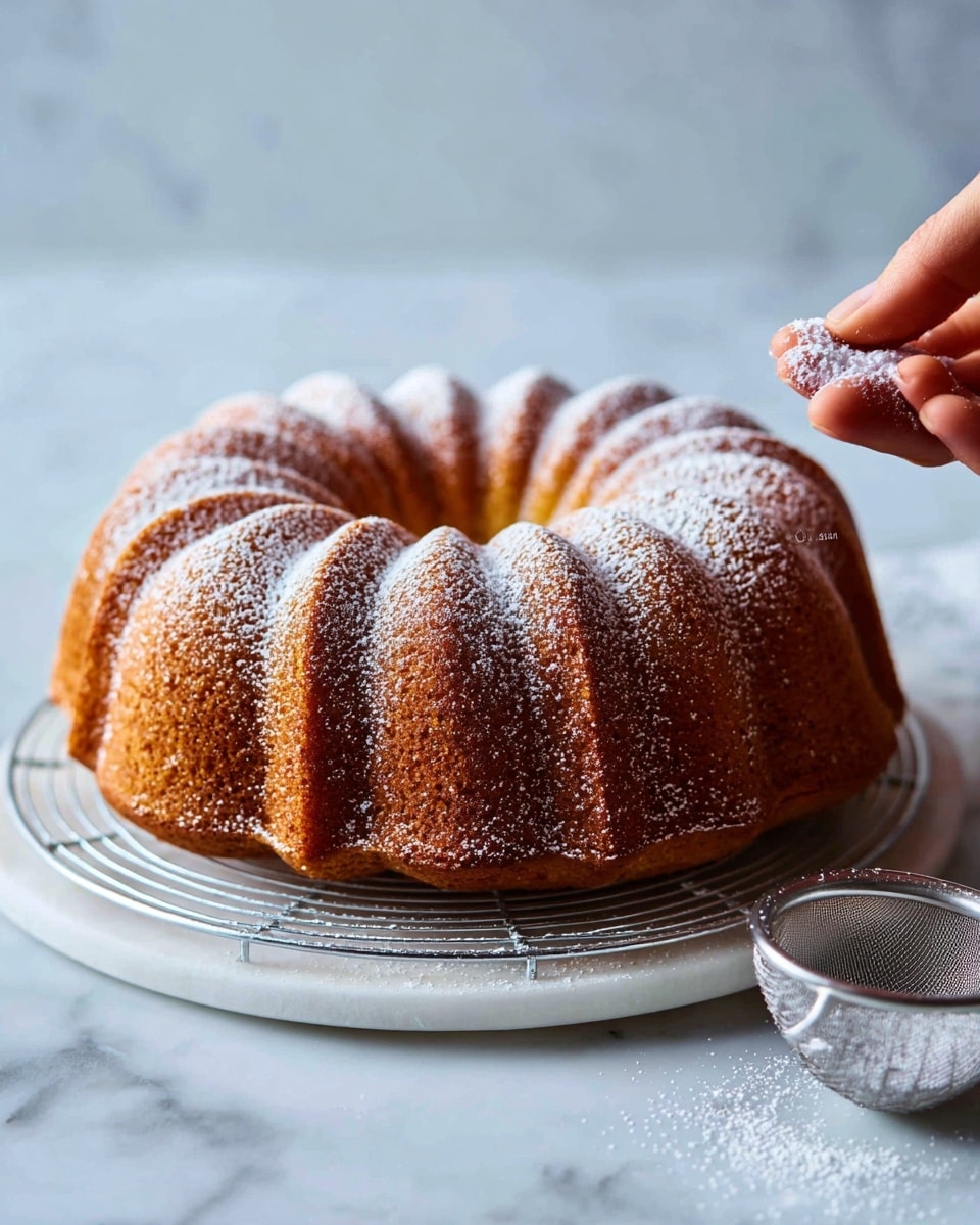 The image shows a golden brown bundt cake with a textured, ridged surface, sitting on a round wire rack above a white marbled surface. The cake is sprinkled with a light dusting of fine white powdered sugar that contrasts nicely against the warm caramelized color of the cake. A woman's hand is visible at the bottom right corner, gently holding the rack. A small metal sieve containing powdered sugar is held above the cake, actively dusting the top layer. The background features the white marbled texture, enhancing the cake's warm tone, photo taken with an iphone --ar 4:5 --v 7