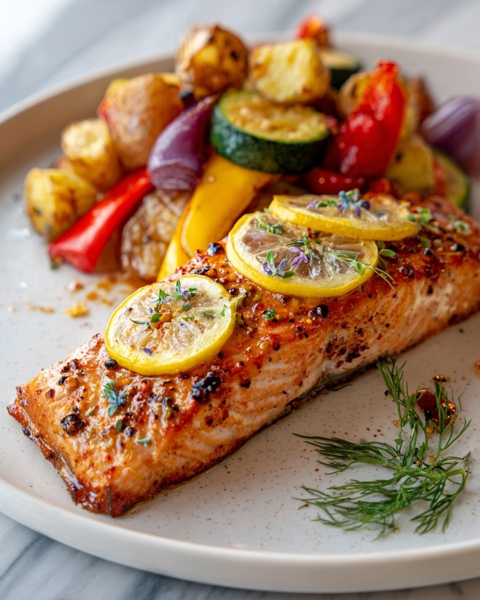 A white plate holds a piece of grilled salmon fillet with visible grill marks and a slightly crispy, golden-brown surface sprinkled with chopped herbs and black pepper. On top of the salmon are two thin yellow lemon slices with small green herb bits and black pepper. Behind the salmon is a mix of roasted vegetables including golden yellow potato chunks, red bell pepper pieces, purple onion segments, and dark green zucchini slices, all with a roasted texture. On the plate near the salmon is a small green dill sprig. The plate sits on a white marbled surface. photo taken with an iphone --ar 4:5 --v 7
