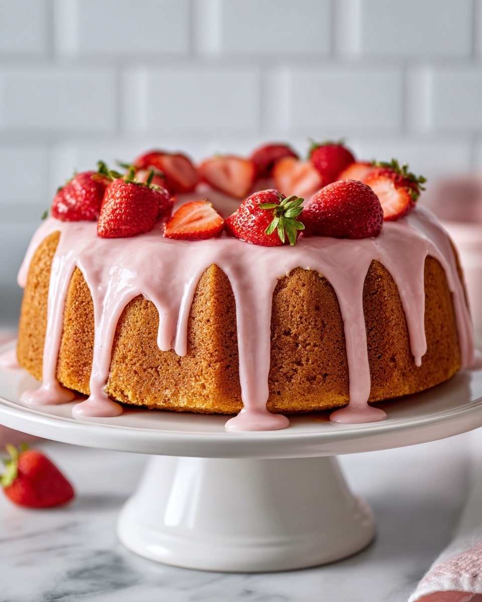 A golden brown bundt cake stands on a white cake stand, covered with thick pink glaze that drips down the sides unevenly. On top, whole and halved fresh red strawberries with green leaves are arranged in a small pile in the center. The background is a white marbled surface with a blurry white tiled wall and kitchen details behind. Photo taken with an iphone --ar 4:5 --v 7