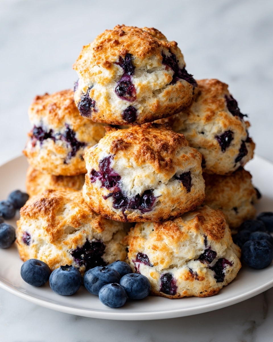 A white plate stacked with six golden-brown blueberry scones, each scone showing a rough crumbly texture with dark purple blueberries baked inside, popping through the surface. Around the scones on the plate are fresh, plump blueberries with a smooth, deep blue skin. The plate is set on a white marbled surface, with warm soft lighting enhancing the slightly crispy edges and moist blueberry filling. photo taken with an iphone --ar 4:5 --v 7