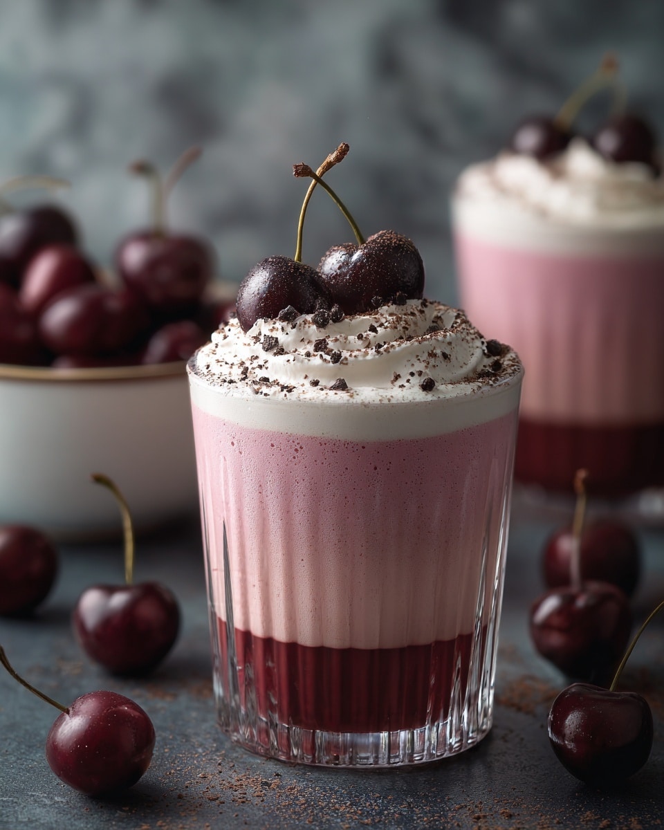 A clear glass shows a three-layer dessert: the bottom layer is a dark red, smooth jelly-like base; the middle layer is a light pink mousse with a creamy texture; the top layer is white whipped cream with small brown sprinkles scattered on it. On top of the whipped cream, there are several shiny dark red cherries and one black cherry placed in the center. The glass is placed on a dark textured surface with a few loose red cherries nearby and a blurred wooden bowl with more cherries in the background, all set against a white marbled texture. photo taken with an iphone --ar 4:5 --v 7