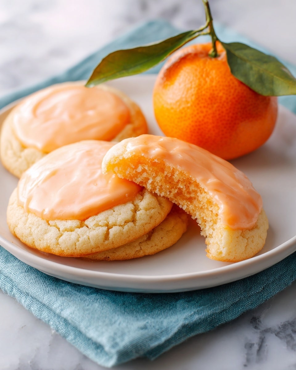 Three round cookies lie on a white plate; each cookie has two layers, a light golden brown base with a slightly cracked texture and a smooth, pale orange icing layer on top. One cookie is broken in half, showing a soft, crumbly interior with a hint of orange color inside. Next to the cookies, there is a whole bright orange mandarin with a glossy peel and a single green leaf attached. The plate rests on a soft blue cloth over a white marbled surface. Photo taken with an iphone --ar 4:5 --v 7