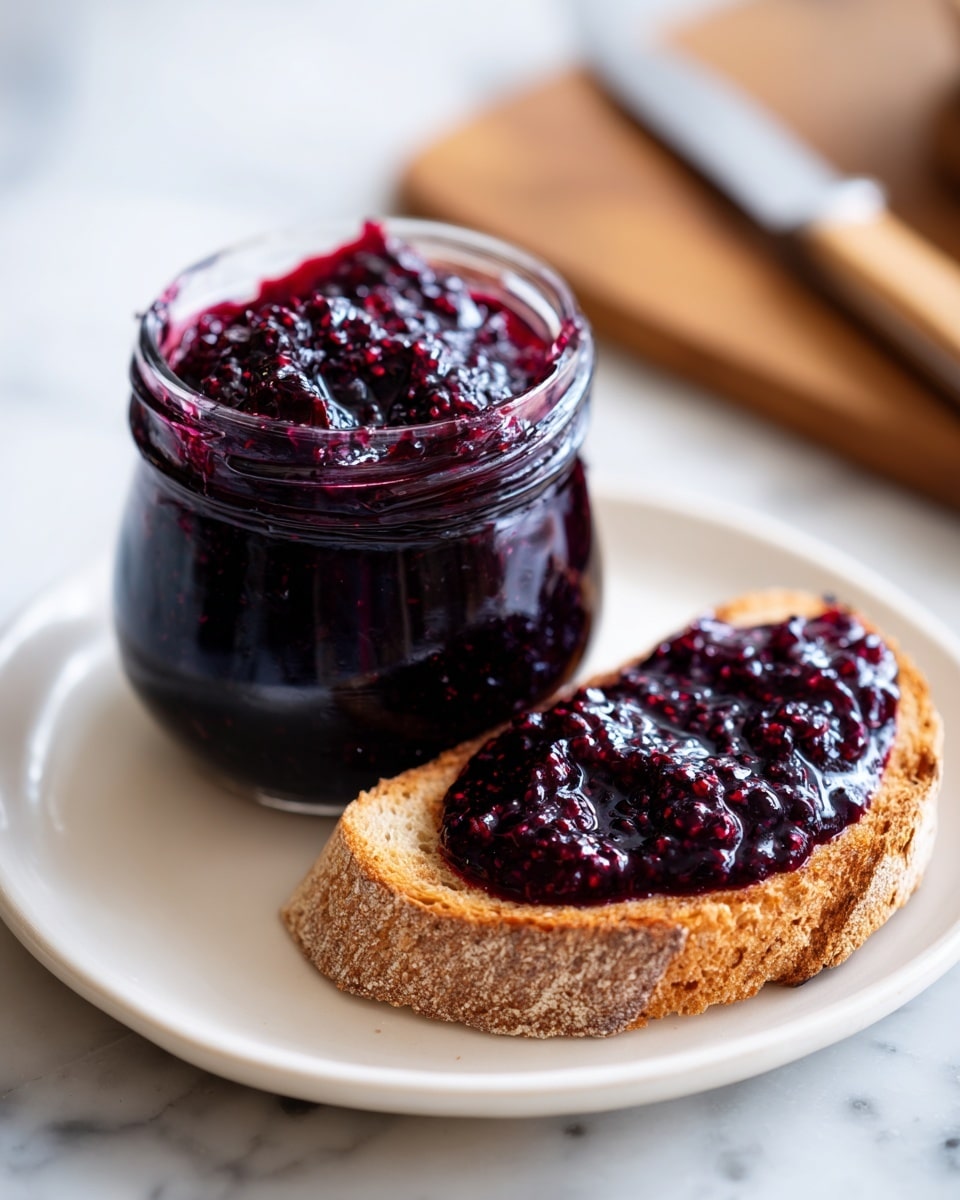 A small glass jar filled with thick, dark purple jam sits on a white plate. The jam has a glossy, slightly chunky texture and fills the jar to the very top, with some jam smudged around the rim. Next to the jar on the plate is a slice of toasted bread with golden brown crust and a light, airy crumb, generously spread with the same dark purple jam that appears shiny and sticky. The white plate rests on a white marbled surface, with blurred wooden kitchen tools and a knife in the soft background. photo taken with an iphone --ar 4:5 --v 7