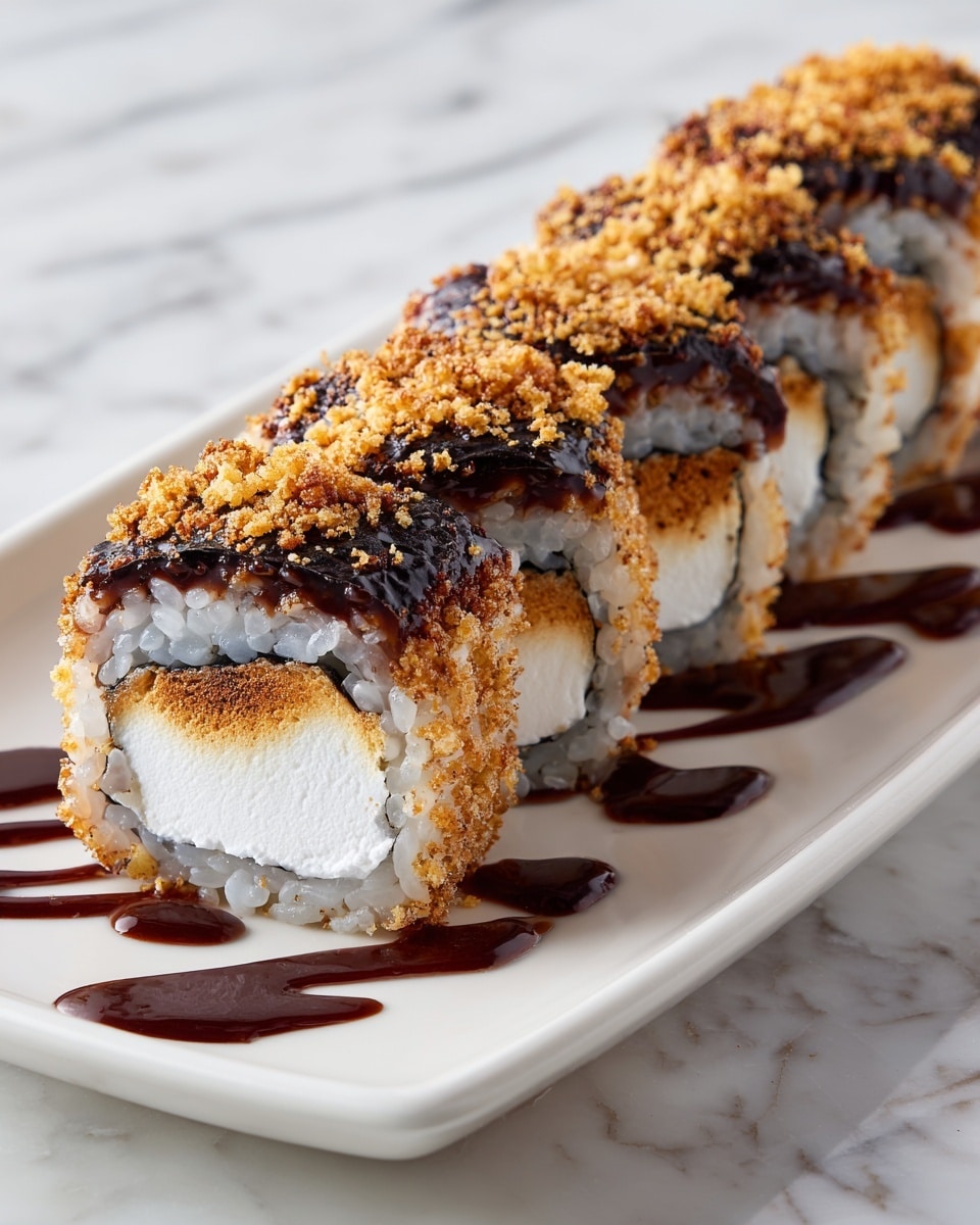 The image shows a row of sushi rolls on a white plate placed on a white marbled surface. Each roll has five visible layers: the center is a white, smooth marshmallow; around it is a layer of finely crushed golden brown cereal; then a drizzle of dark, glossy chocolate sauce; this is wrapped in a shiny black seaweed sheet; finally, the outermost layer is another coating of the golden brown crushed cereal. More chocolate sauce is drizzled under the rolls on the white plate. The sushi pieces are neatly aligned, showing the contrast of white rice, dark seaweed, and the crunchy golden topping. photo taken with an iphone --ar 4:5 --v 7
