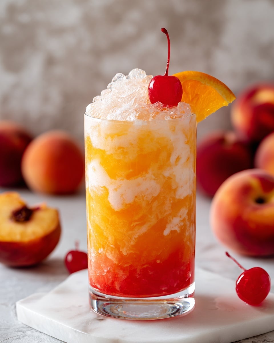 A clear glass filled with a layered drink showing a base layer of bright orange juice, followed by a creamy white layer with swirls mixing gently with the orange below. The top is full of crushed ice, giving a frosty look, and it is decorated with a red cherry and a slice of orange on the rim. The glass sits on a white marbled surface with blurred orange fruits in the background. Photo taken with an iphone --ar 4:5 --v 7