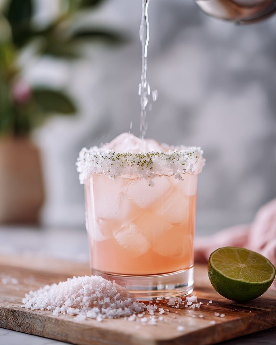 A clear glass filled with a light pink guava coconut margarita contains irregular ice cubes floating on top and inside the drink. The rim of the glass is coated with a mix of coarse white and green salt crystals. To the right side of the glass, there is a halved lime resting on a wooden surface along with some scattered salt. In the blurred background, a green air plant and warm brown and blue tones are visible, all set on a white marbled texture. Photo taken with an iphone --ar 4:5 --v 7