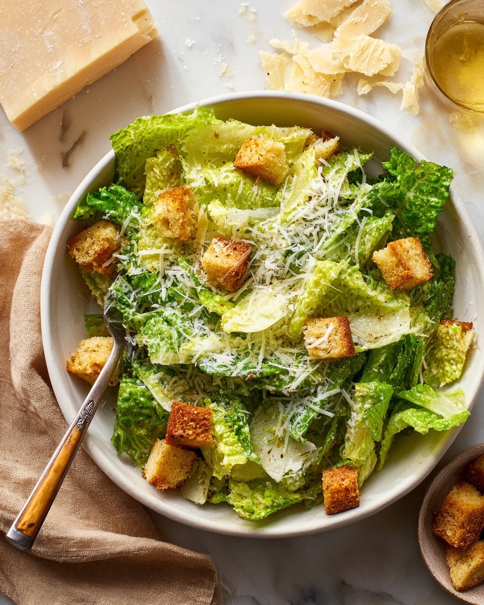 A large white bowl holds a fresh Caesar salad with layers starting from a base of bright green romaine lettuce leaves with a mix of lighter and darker shades. On top, golden-brown croutons are evenly spread, adding a crunchy texture. The salad is finished with finely shredded white cheese scattered across the top, some melting slightly into the lettuce. A wooden fork and spoon rest inside the bowl on one side, partially hidden by the salad. Beside the bowl, on a white marbled textured surface, there is a small block of cheese with some cheese shavings around it, and a light brown cloth is partly visible under the bowl. Photo taken with an iphone --ar 4:5 --v 7
