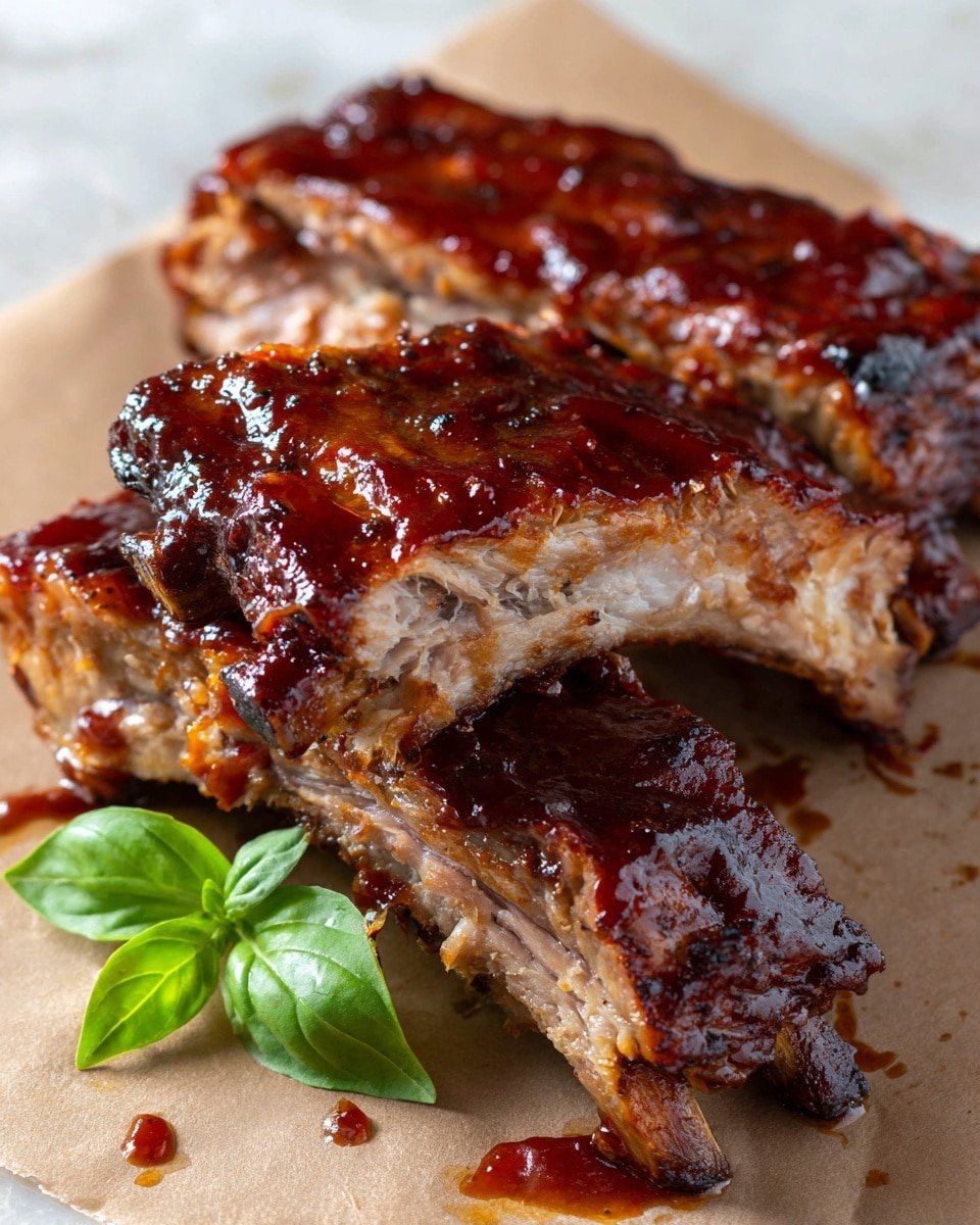 A close-up of a cooked meat rib with a thick, shiny dark reddish-brown sauce glaze on top, showing a bite taken out from one side revealing the tender, juicy texture inside. The rib rests on a rustic brown paper with some sauce drips around it and a single fresh green basil leaf nearby. In the background, there are more ribs with the same sauce, and the scene is set on a white marbled surface. photo taken with an iphone --ar 4:5 --v 7