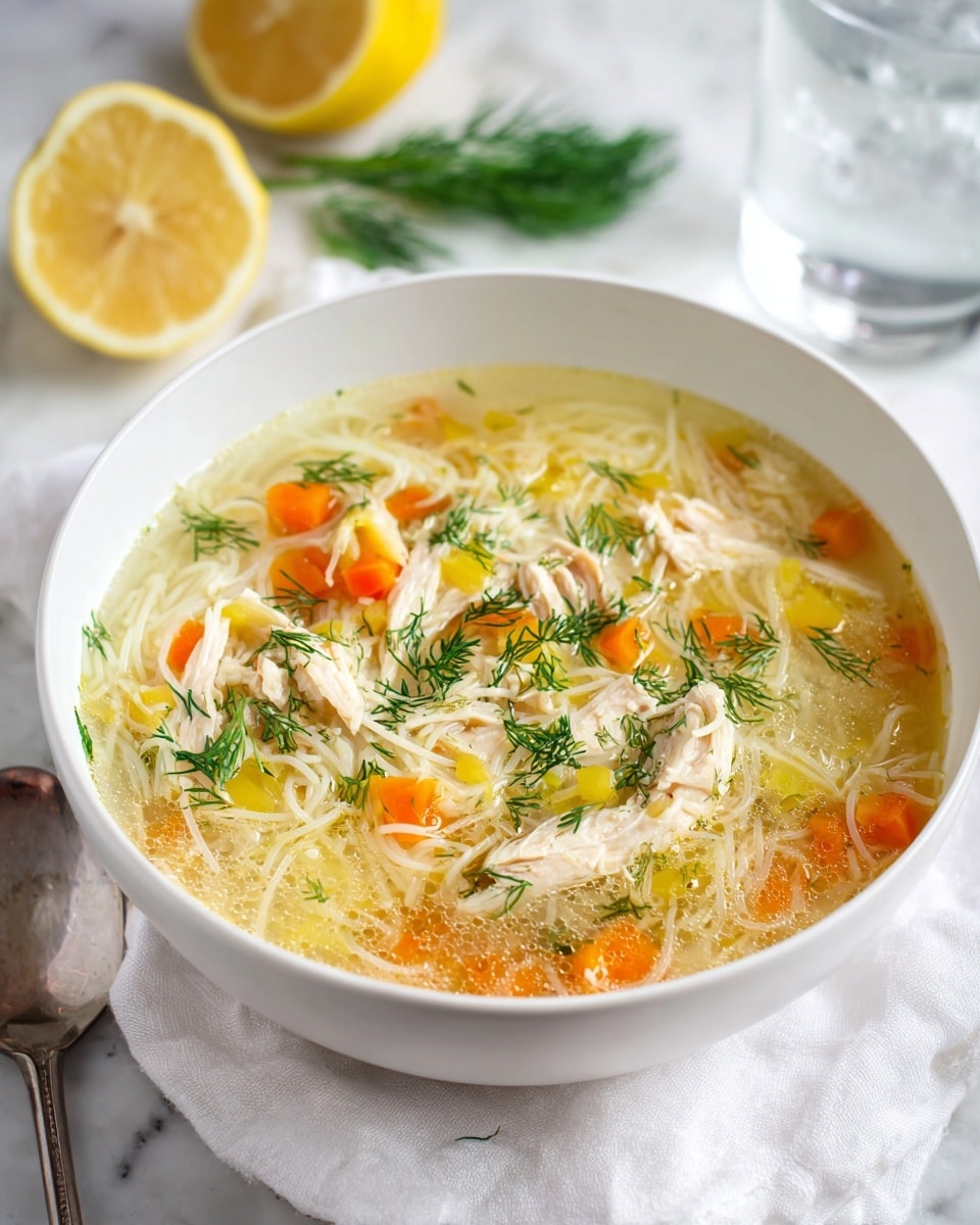 A white bowl filled with chicken soup resting on a soft white cloth on a white marbled surface, the soup has clear yellow broth with visible grains of rice, chunks of orange carrots, pieces of shredded white chicken, and small green herb sprigs evenly scattered on top. A half lemon sits to the upper left of the bowl, with bright yellow flesh and a white rind. Fresh green dill sprigs lie near the top right beside a clear glass of water, all arranged neatly on the white marbled surface. photo taken with an iphone --ar 4:5 --v 7