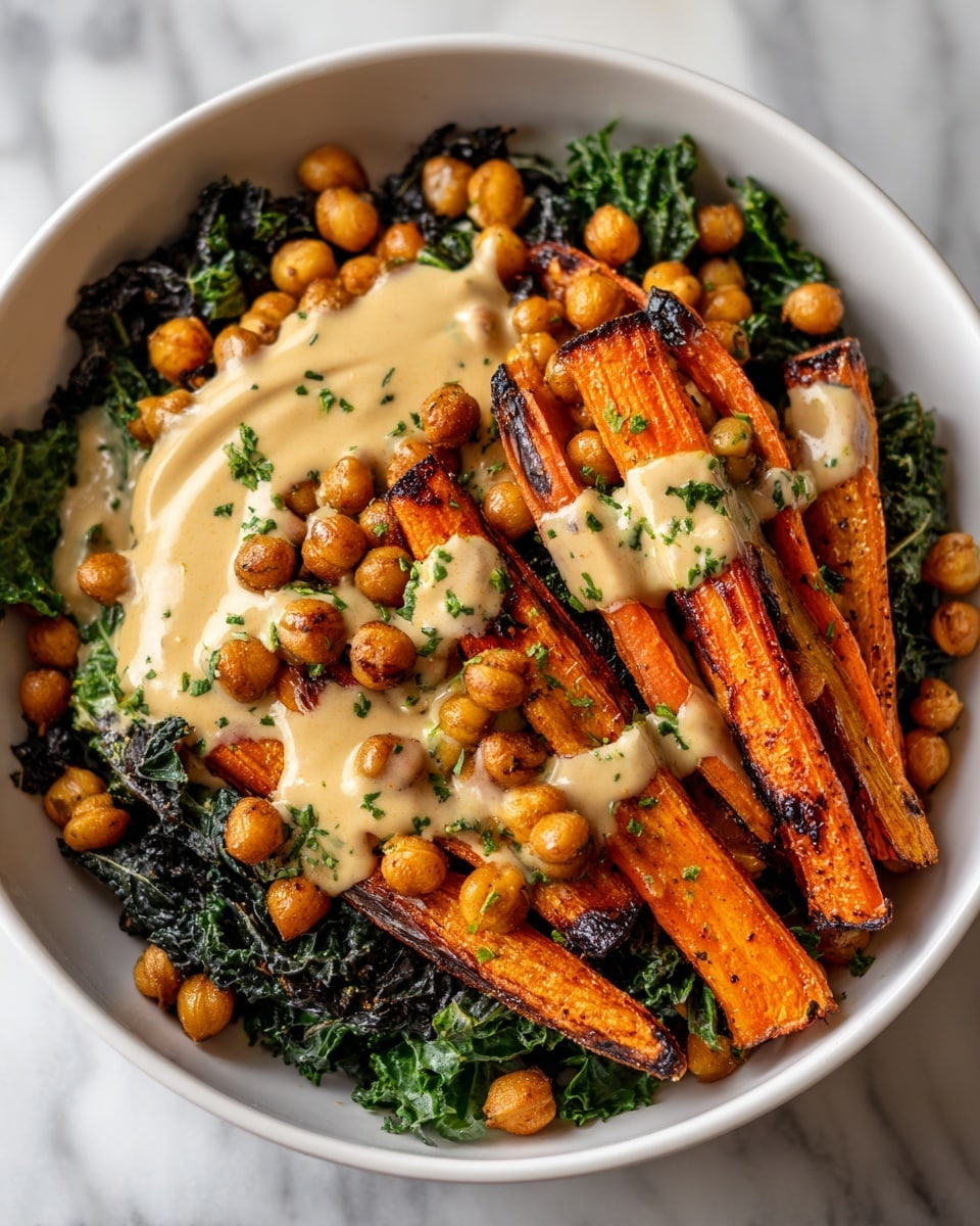 The dish is served in a white bowl filled with several layers. The bottom layer is a mix of grilled broccoli with a dark green, slightly charred texture, and chickpeas, which are round and light brown. On top of that are thick slices of grilled orange carrots showing dark grill marks. A creamy beige sauce is drizzled unevenly over the vegetables, sprinkled with finely chopped green herbs. The bowl sits on a white marbled surface. photo taken with an iphone --ar 4:5 --v 7