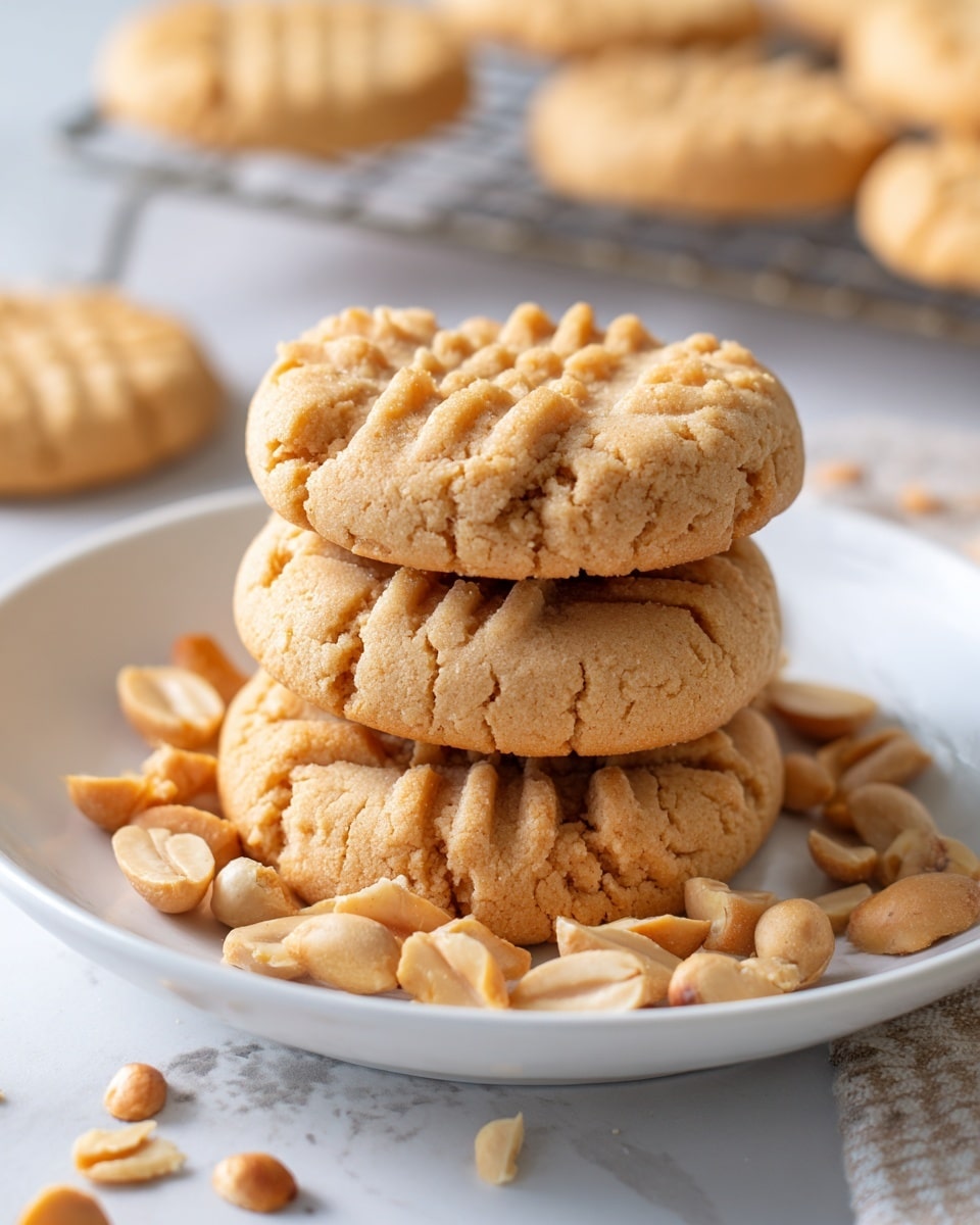 A close-up image shows a stack of three round peanut butter cookies on a white plate, each cookie having a light golden-brown color with a crisscross fork pattern pressed on top. The cookies look soft with slightly rough textures, and some whole peanuts are scattered around the plate. The plate sits on a white marbled surface, with more cookies and peanuts visible in the background, slightly blurred. photo taken with an iphone --ar 4:5 --v 7