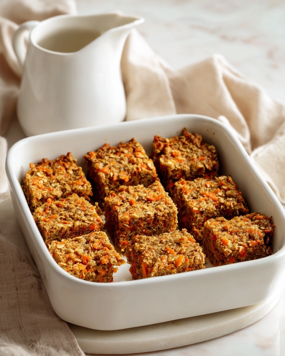 The image shows a white square baking dish filled with nine evenly cut square carrot cake bars. Each bar has a golden-brown top with small orange carrot bits visible throughout, and the texture looks crumbly yet moist. The bars are tightly packed together, filling the dish with clear straight cuts between them. The dish sits on a white marbled surface with a soft white cloth partially underneath it and a white pitcher placed near the top right corner. Part of a fresh carrot is visible at the bottom right edge. photo taken with an iphone --ar 4:5 --v 7