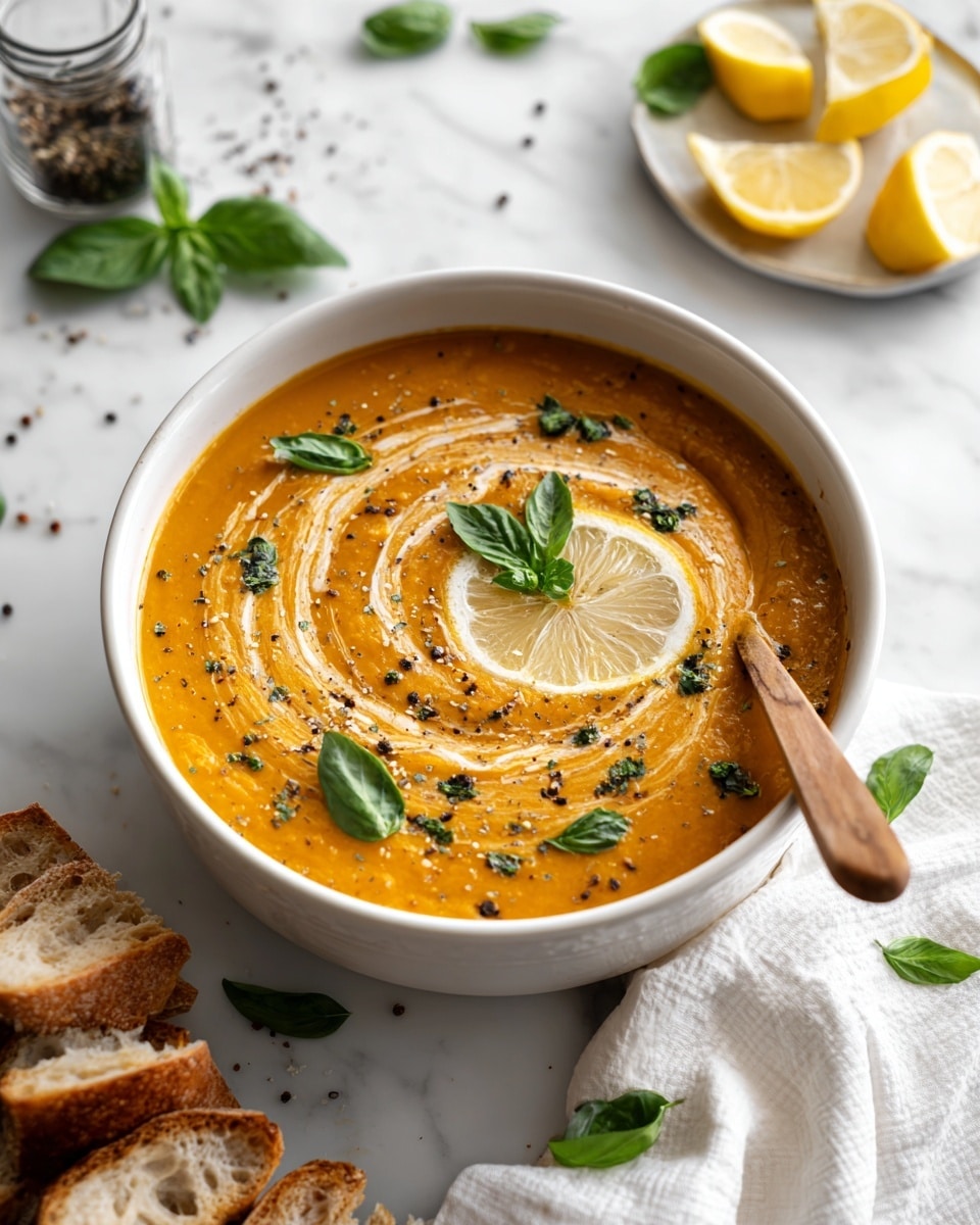 A white pot filled with creamy orange soup that has many small black lentils and bits of red sundried tomatoes mixed in, topped with a swirl of white cream, two thin lemon slices in the center, and several fresh green basil leaves scattered on top. The pot sits on a white marbled surface, with a white napkin and two slices of crusty bread in the foreground, a wooden plate with two lemon halves in the background, and a glass jar of black pepper to the side. A wooden spoon is partially submerged in the soup on the right side. Photo taken with an iphone --ar 4:5 --v 7