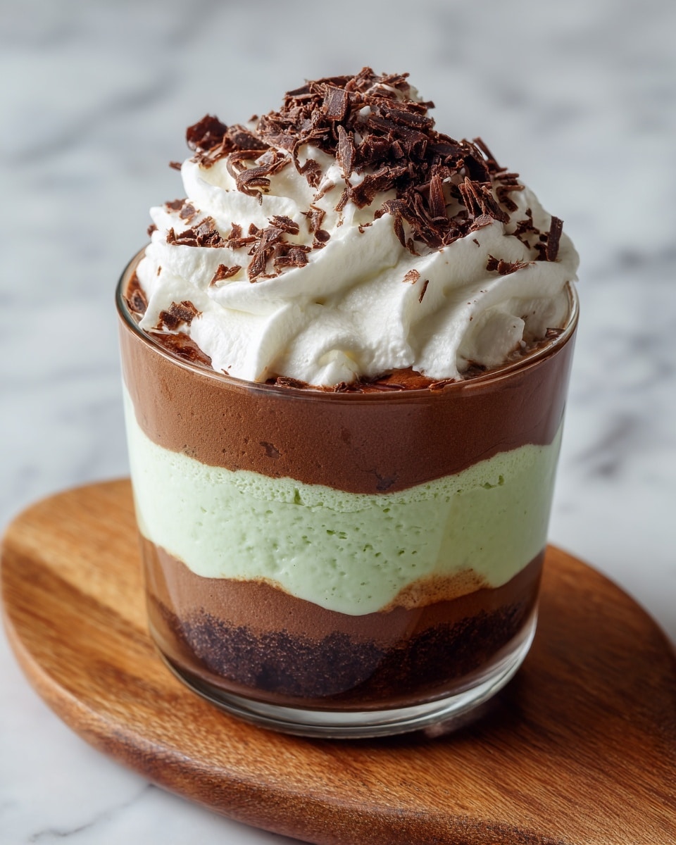 A clear glass cup shows three distinct layers of dessert placed on a wooden board against a white marbled background. The bottom layer is a thick, slightly rough-textured chocolate mousse colored deep brown. The middle layer is a smooth, light green cream that contrasts softly with the chocolate below it. The top layer is another smooth, thick chocolate mousse similar to the bottom but slightly darker. On top, a fluffy swirl of white whipped cream spreads outward, sprinkled with thin, curly dark brown chocolate shavings giving a rich, decorative look. The whole dessert looks soft, creamy, and inviting. photo taken with an iphone --ar 4:5 --v 7