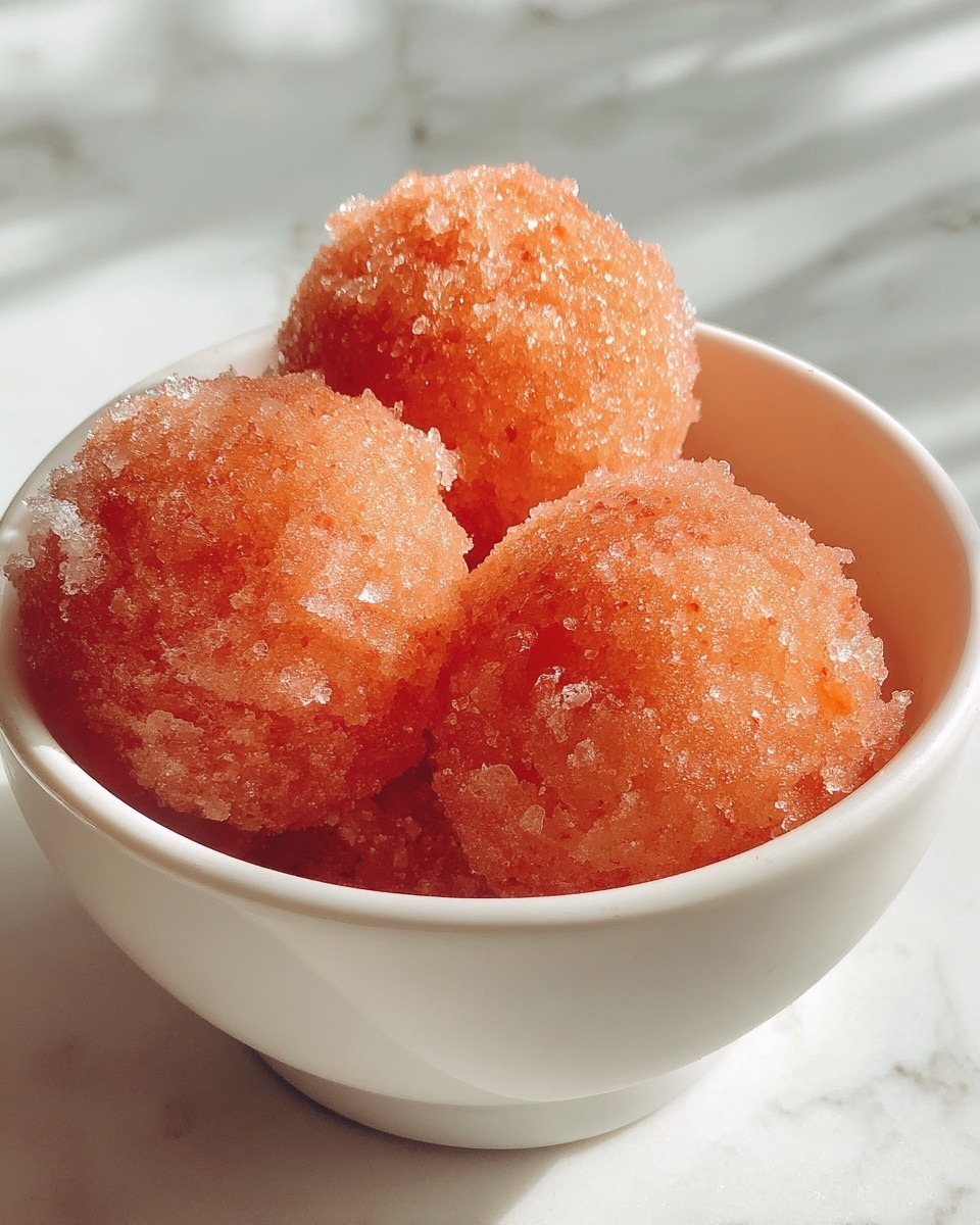 A close-up image of three peach-colored sorbet scoops with a slightly icy texture, placed inside a white bowl. The sorbet has a smooth but crystalline surface showing small ice crystals that catch the light. The bowl sits on a white marbled surface, with a blurred warm brown background behind it. Photo taken with an iphone --ar 4:5 --v 7