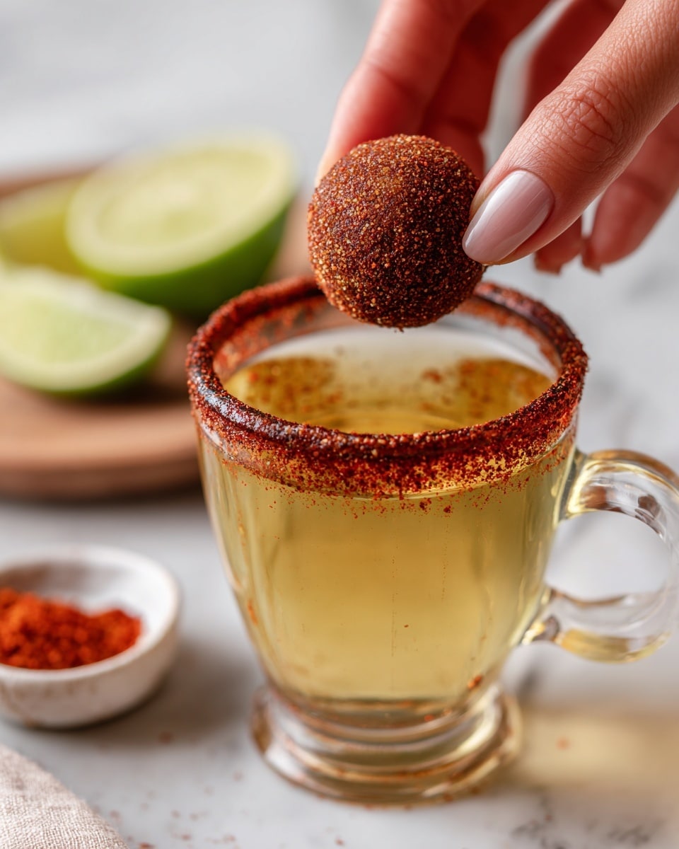 A close-up of a clear glass mug filled halfway with a light golden liquid, with a thick layer of red seasoning coating the rim. Above the mug, a woman's hand holds a round, deep brown seasoned ball, about to dip it into the drink. The background shows a white marbled surface with out of focus small bowls and lime wedges. The textures highlight the coarse seasoning on the rim and the ball's rough surface, while the glass reflects light softly. photo taken with an iphone --ar 4:5 --v 7