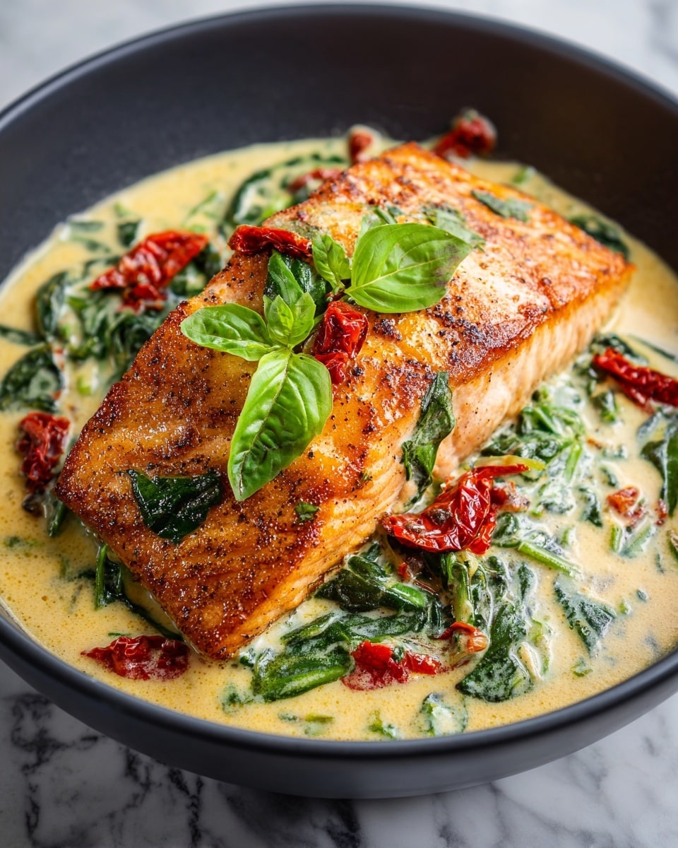 A thick, golden-brown piece of salmon sits on top of a creamy bed of wilted spinach mixed with sun-dried tomatoes. The salmon's surface is crispy with specks of black pepper and fresh green herbs scattered lightly on top, including a small basil leaf. The creamy sauce beneath is pale yellow, surrounding the green spinach leaves and vibrant red sun-dried tomato pieces, creating a rich and colorful contrast. The dish is served in a white bowl, all set against a white marbled background. photo taken with an iphone --ar 4:5 --v 7