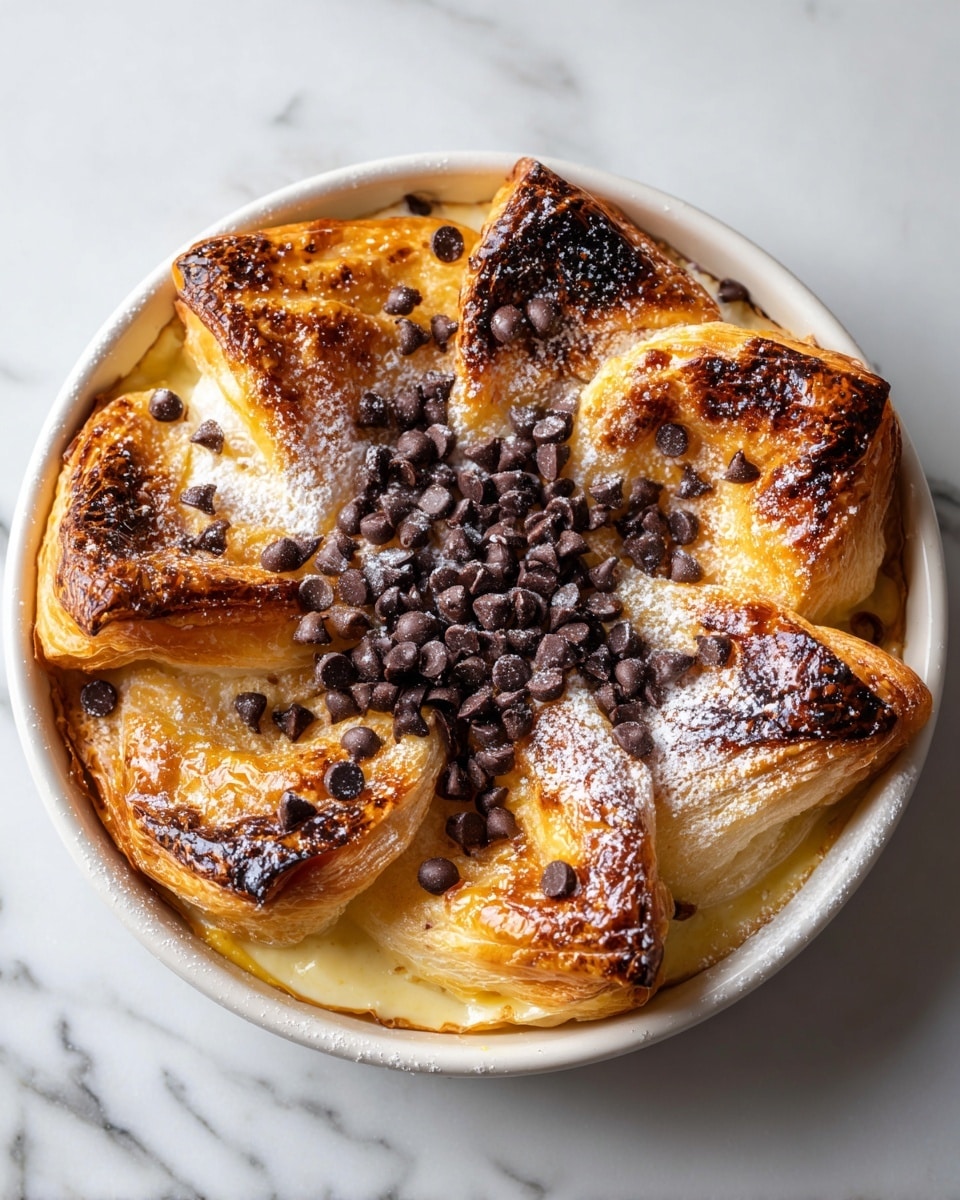 A round white ceramic dish holds a baked dessert made of golden-brown puff pastry squares arranged in a circle, each piece showing crispy, slightly charred edges and a flaky texture. The center is filled with a generous pile of dark chocolate chips, while some chips are scattered on top of the pastries. The exposed creamy, light yellow custard filling peeks through a missing piece near the edge. The entire dish is lightly dusted with powdered sugar, making the rich brown and golden colors stand out against the white dish and white marbled surface beneath. Photo taken with an iphone --ar 4:5 --v 7