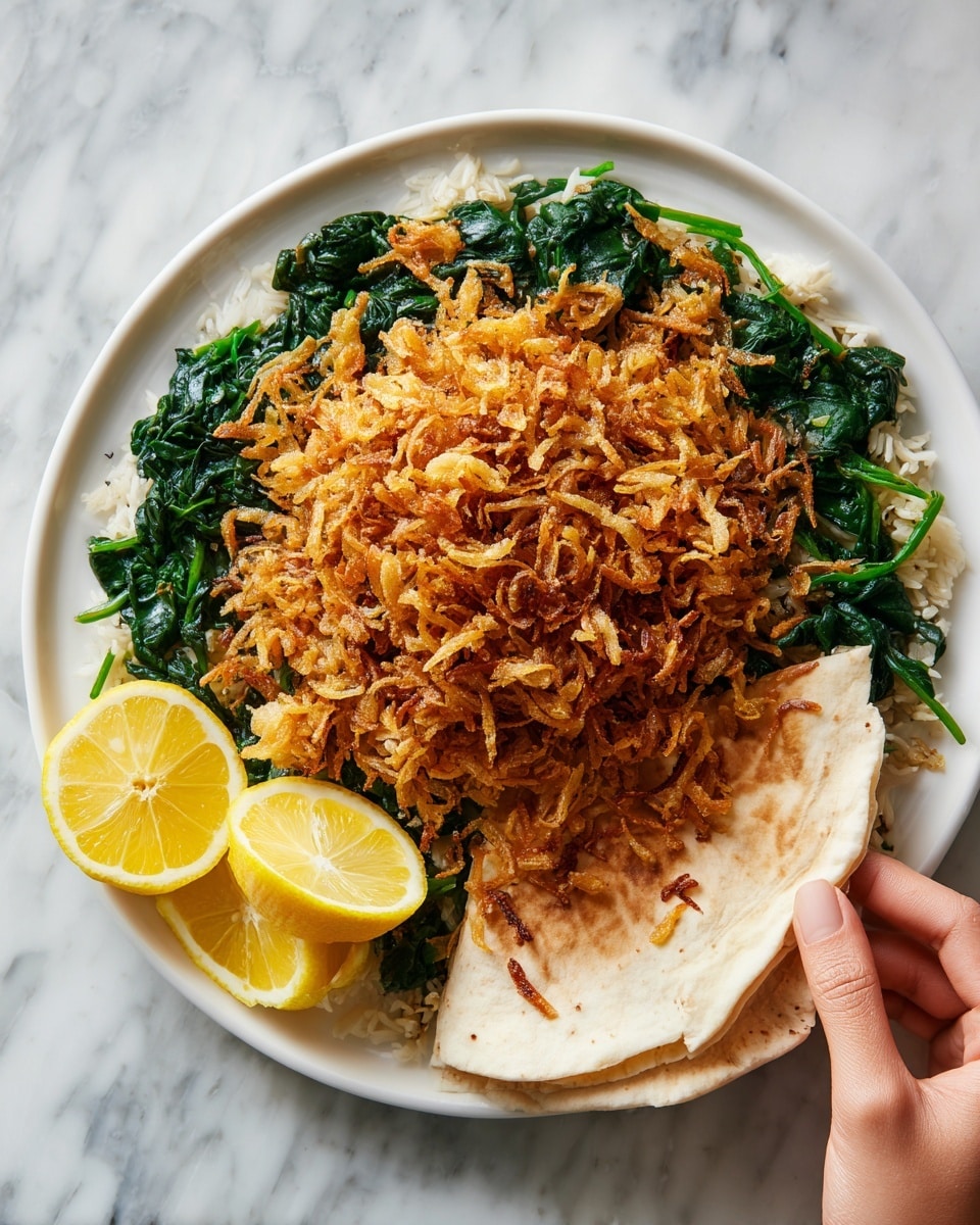 A white plate on a white marbled surface holds a layered dish. The bottom layer is chopped cooked dark green leafy vegetables spread in a circle. On top, there is a large pile of crispy golden-brown fried onions, thin and crunchy-looking. Two lemon wedges with bright yellow skin sit on the left edge of the plate. A woman's hand is lifting a folded soft white tortilla from the top edge of the plate. The overall colors include dark green, golden-brown, bright yellow, and white. Photo taken with an iphone --ar 4:5 --v 7